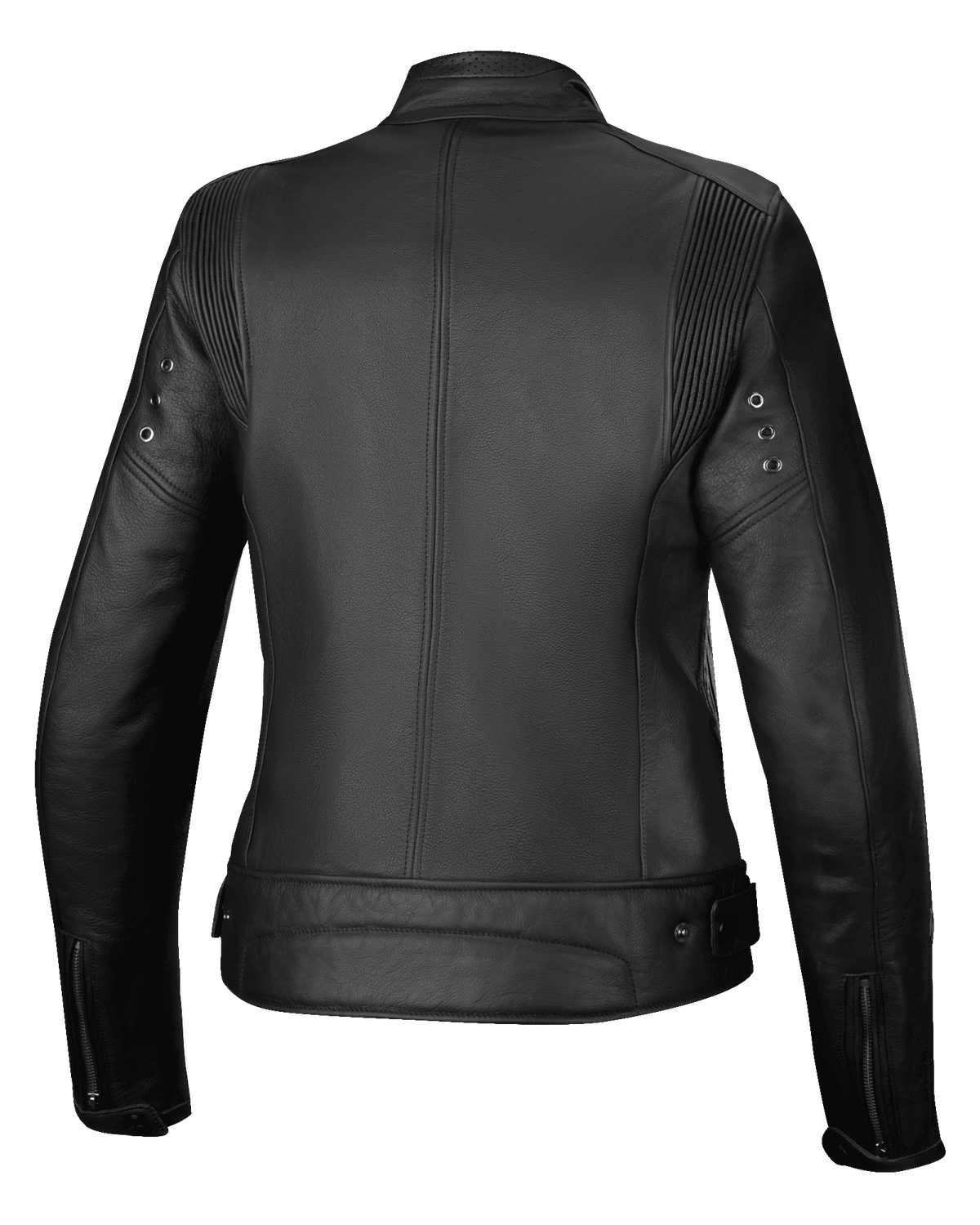 Alpinestars Stella Dyno Lederjacke, Damen-Motorradjacke, Rückansicht, Schwarz und Dunkelgrau, hochwertige Rindsleder-Konstruktion