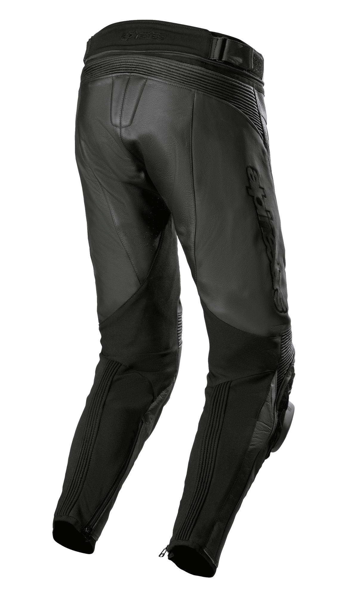 Alpinestars Missile V3 Airflow Lederhose, Schwarz, Rückansicht mit hochwertiger Lederkonstruktion, Akkordeon-Stretchzonen über dem Knie, hohem Rückenbund und flexiblen Stretch-Paneelen an den Waden mit Knöchel-Reißverschlüssen.