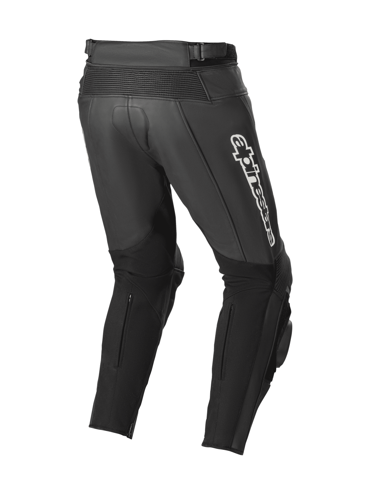 Alpinestars Track V2 Lederhose, Schwarz, Rückansicht mit Akkordeon-Leder-Stretchzonen, weißem Alpinestars-Branding am Oberschenkel, großen Stretch-Paneelen an den Waden und integrierten Knieschleifern für Rennstrecken- und Straßeneinsatz
