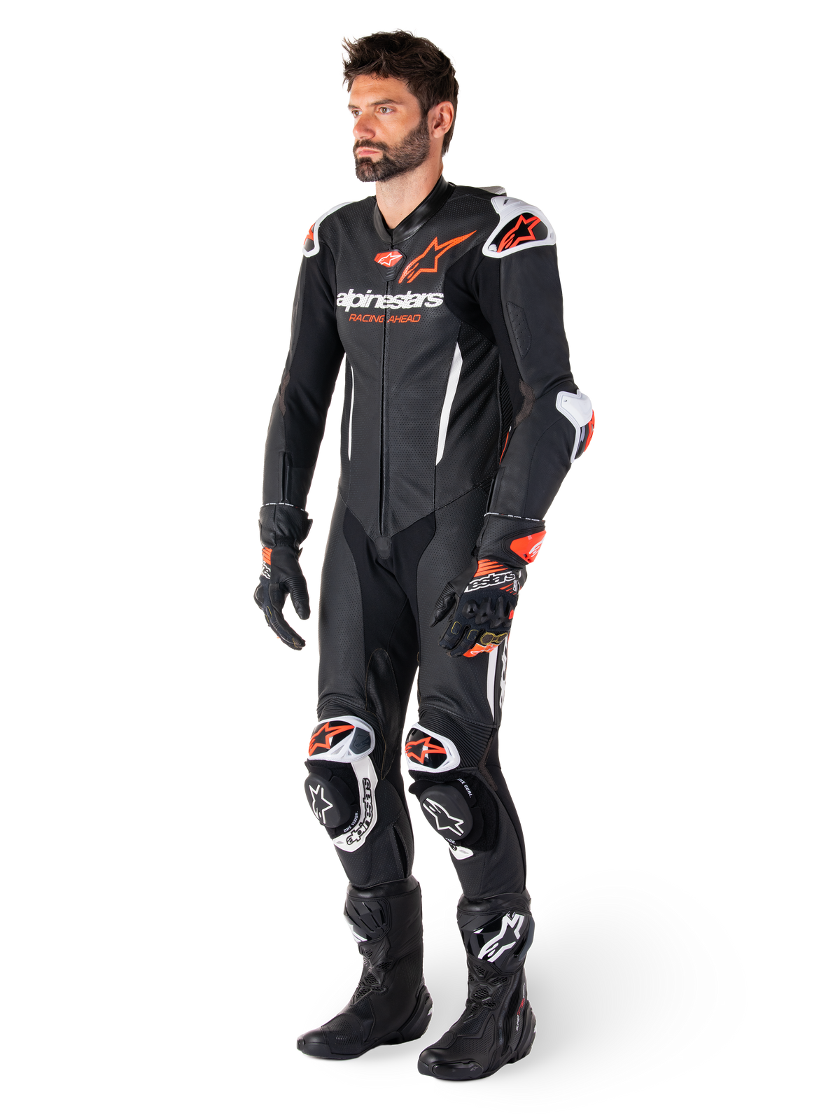 Alpinestars GP-R7 1PC Leather Suit, black and red fluo motorcycle racing gear for men with perforated construction.