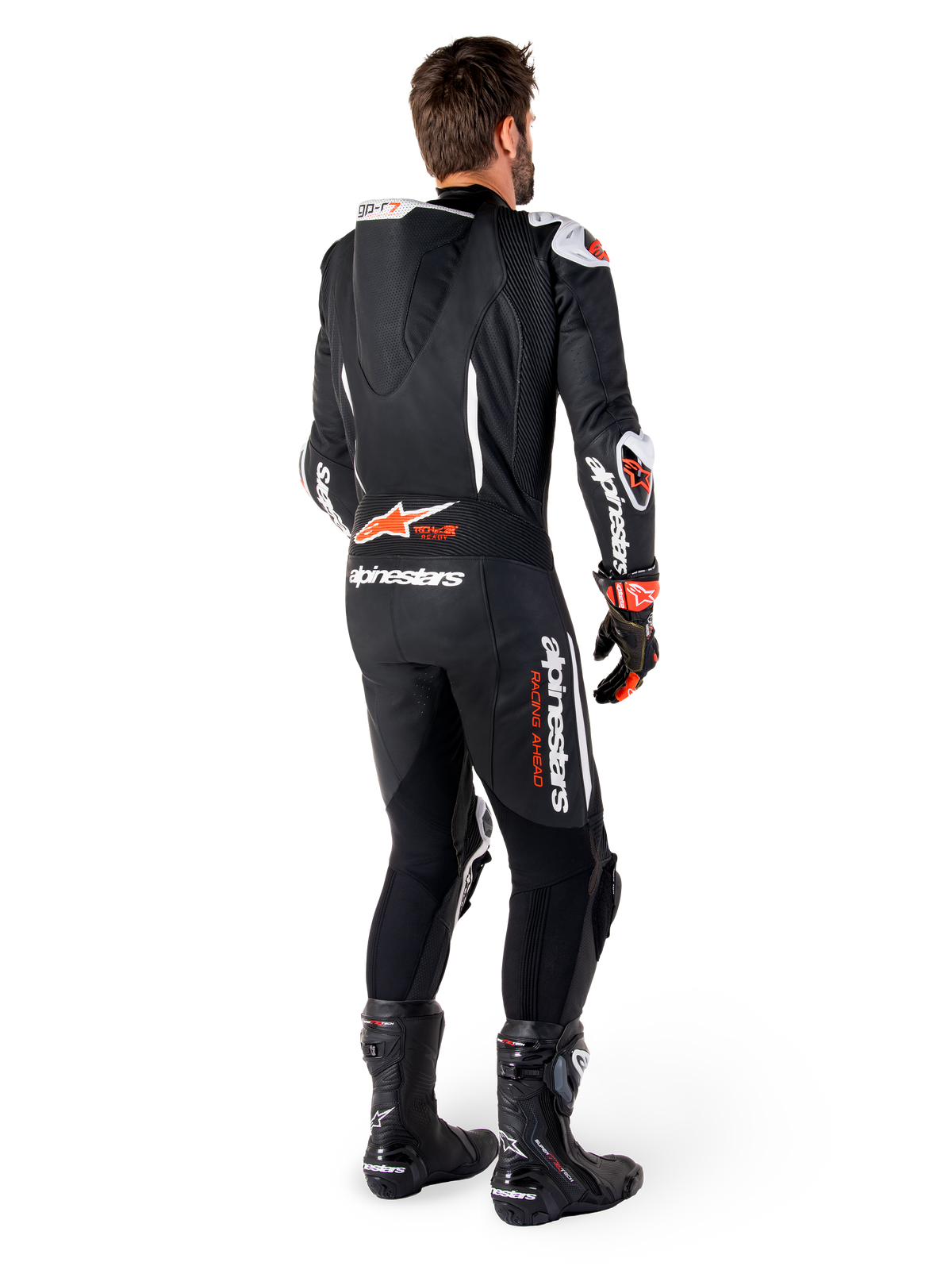 Alpinestars GP-R7 One Piece Leather Suit, Men's racing suit in Black and Red Fluo, with speed hump and Tech-Air Ready logo.