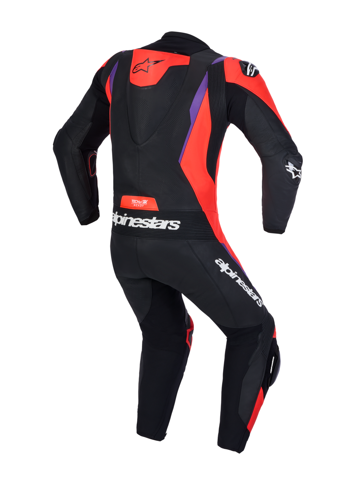Alpinestars Missile V 3 Lederkombi 1 Pc, einteilige Lederkombi für den Rennsport, Rückansicht mit aerodynamischem Höcker, Schwarz, Rot und Violett, CE-zertifiziert