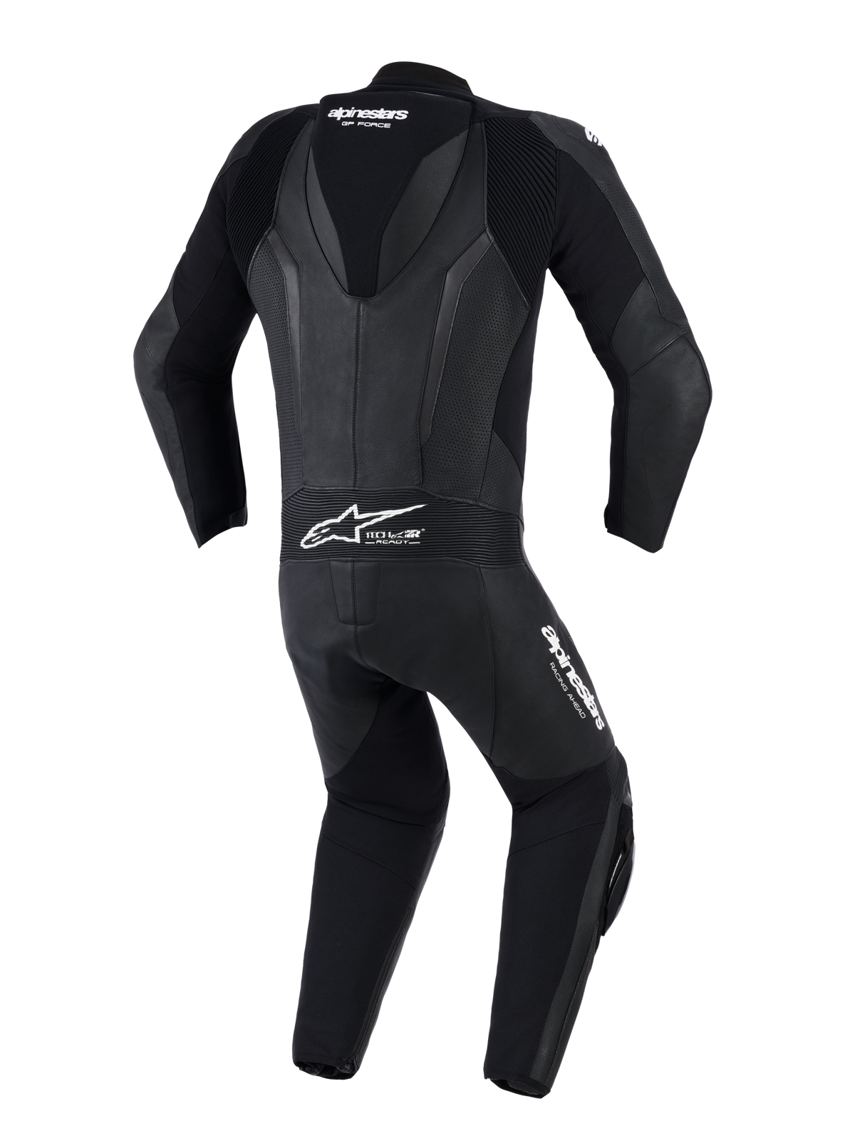 Alpinestars GP Force V2 Lederkombi – 1-teilig, Schwarz, Rückansicht mit aerodynamischem Speed-Hump, perforierten Lederpaneelen und Akkordeon-Stretchzonen an Schultern und unterem Rücken, Tech-Air Ready-Logo, professionelle Rennstrecken- und Sport-Fahrausrüstung