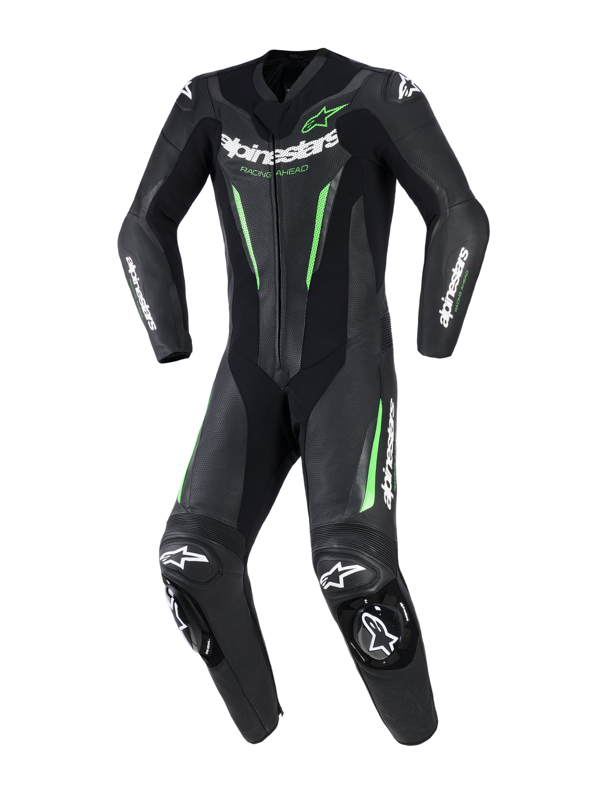 Alpinestars GP Force V2 Leather Suit - 1Piece, One-piece motorcycle racing suit, Black with neon green accents and white branding, featuring perforated leather panels, DFS Lite external sliders at shoulders and knees, and a dedicated sport-fit design.
