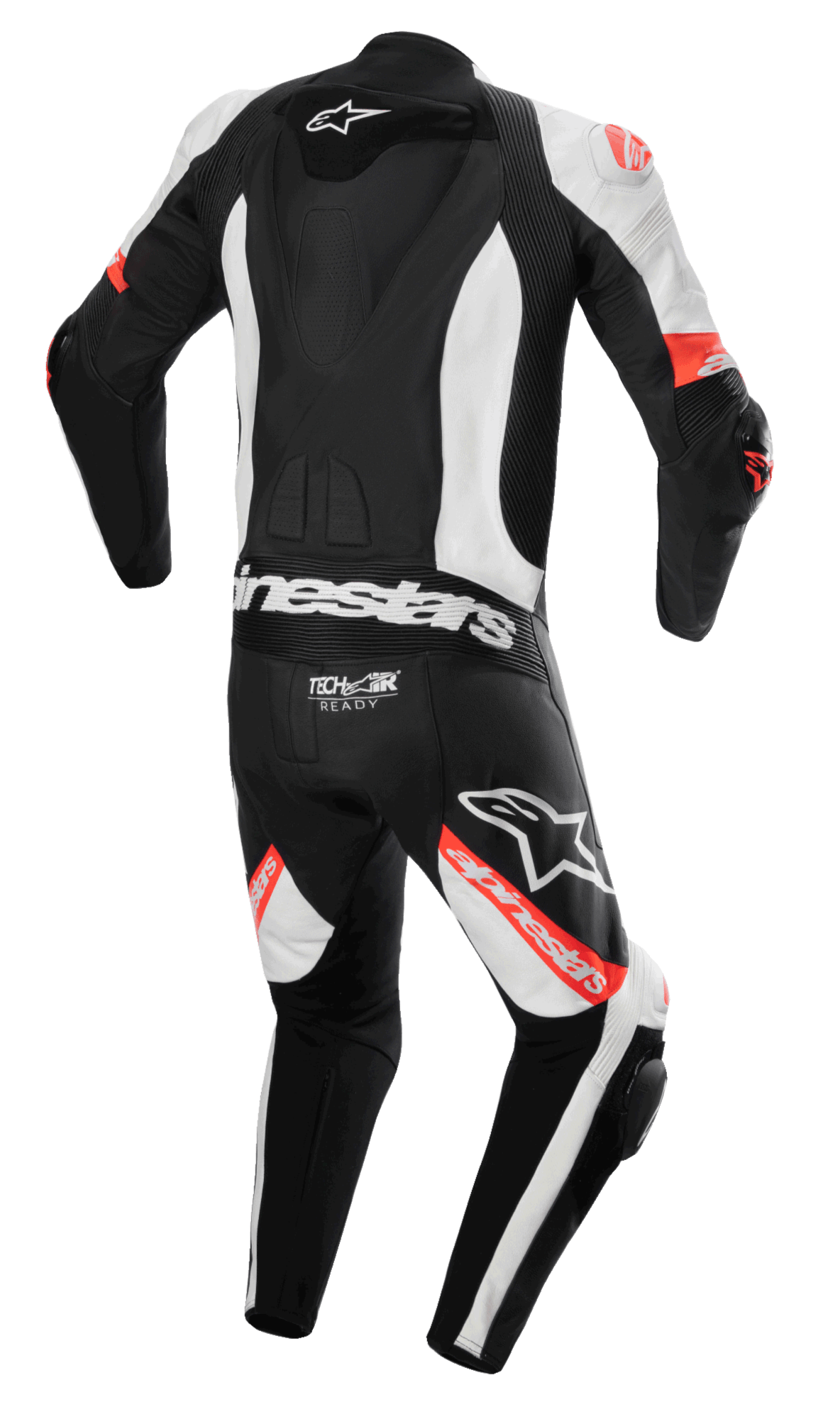 Alpinestars Missile V2 Ward 1-Piece Leather Suit, Motorcycle Suit, Black White and Red Fluo, rear view featuring aerodynamic speed hump, Tech-Air Ready logo on lower back, accordion stretch zones, and bold Alpinestars branding on legs and back
