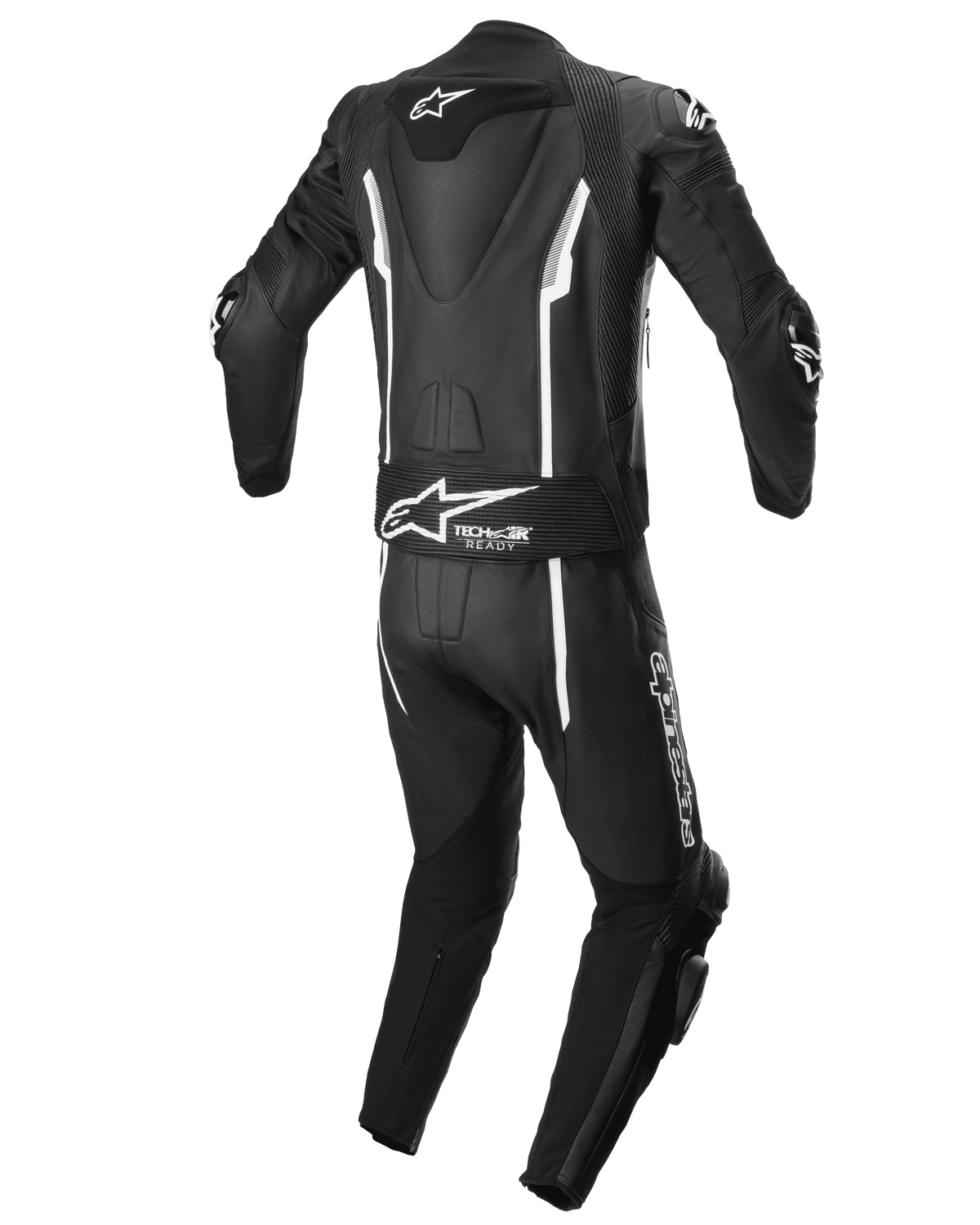 Alpinestars Missile V2 2-Piece Leather Suit, Motorcycle Racing Suit, Black and White, Rear view featuring aerodynamic hump, Tech-Air Ready stretch panel, white linear accents, and Alpinestars branding on the lower back and leg
