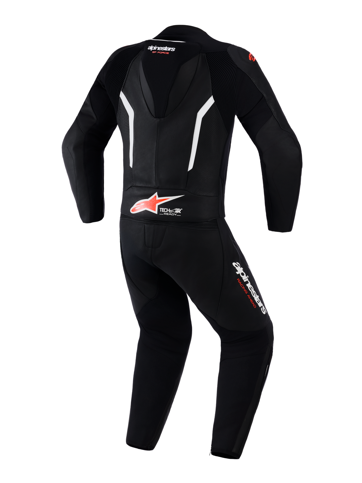 Alpinestars GP Force V2 Leather Suit 2-Piece, Motorcycle Racing Suit, Black White and Red Fluo, rear view showing aerodynamic speed hump, Tech-Air Ready branding on the lower back, perforated leather panels for ventilation, and Alpinestars logos on the legs and neck.