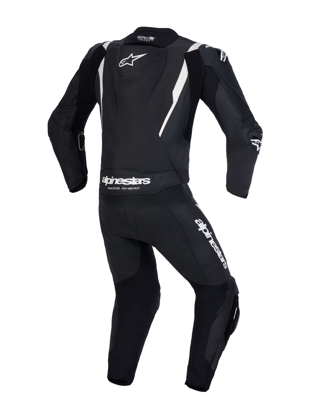 Alpinestars Missile V3 Leather Suit - 2 Piece, Motorcycle Racing Suit, Black and White, rear view showing aerodynamic hump, CE AAA certified leather construction with branding details