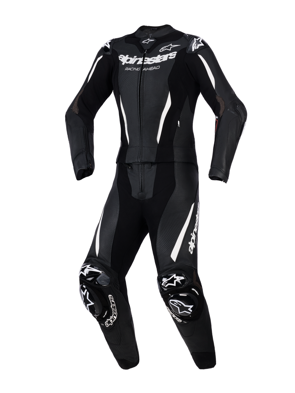 Alpinestars Stella GP-R7 2-Teiler Lederanzug, Damen-Motorrad-Rennanzug, Schwarz mit weißen Akzenten und Branding, perforiertes Leder für Belüftung, externe DFS-Protektoren an Schultern und Knien, vorgeformte sportliche Passform