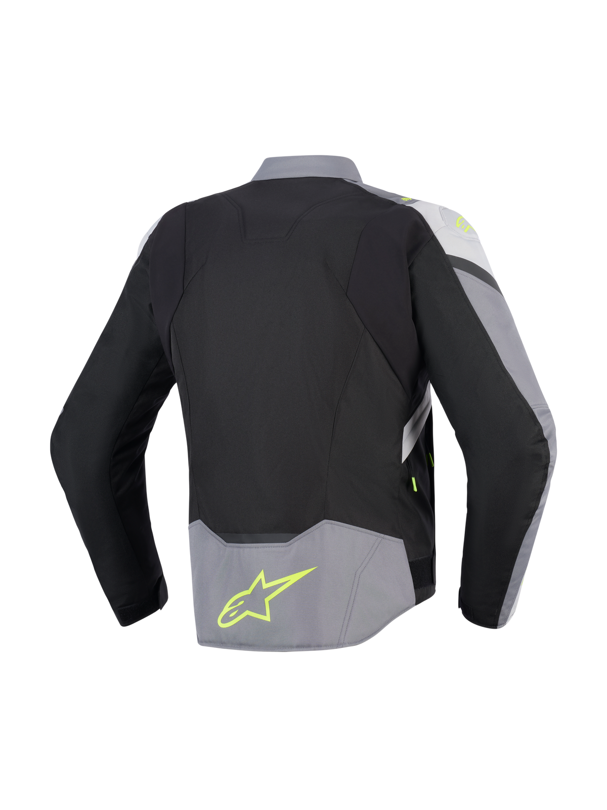 Alpinestars T-Jaws V4 Wasserdichte Jacke, Rückansicht, Schwarz, Ice Gray und Dunkelgrau, Textil-Motorradjacke mit neongelben Akzenten und Logo am unteren Rücken, sportliche Passform mit verlängertem Rückenprofil