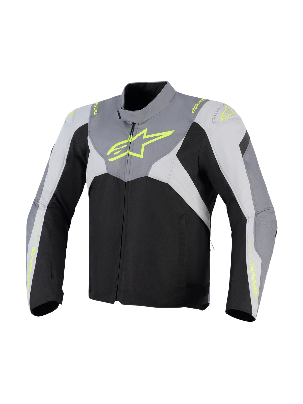 Alpinestars T-Jaws V4 Wasserdichte Jacke, Textil-Motorradjacke, Schwarz, Ice Gray und Dunkelgrau mit fluoreszierend gelbem Branding, mit großem neonfarbenem Brustlogo und schützenden Schulterpaneelen