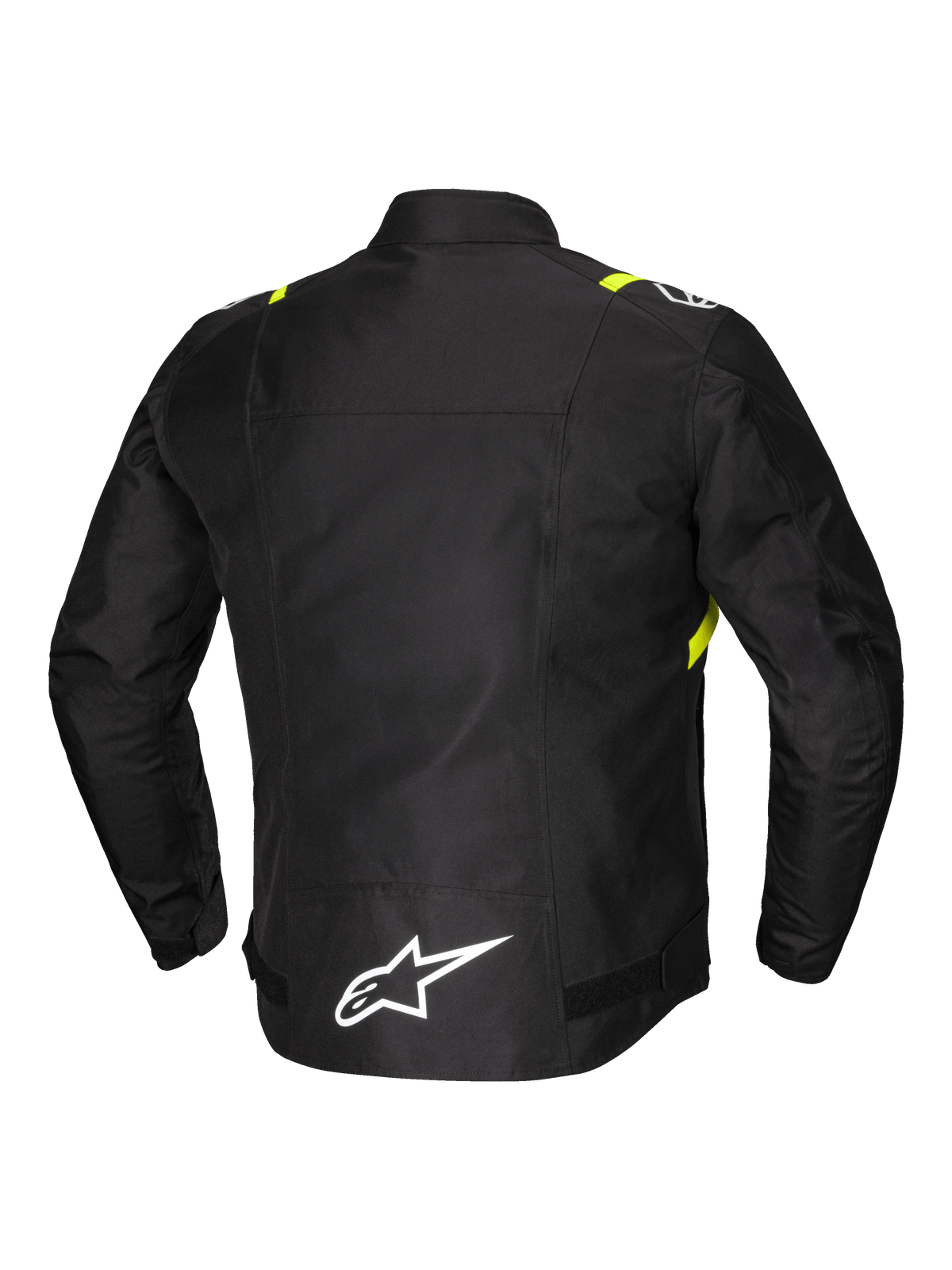 Alpinestars T-SPS V2 Wasserdichte Jacke, Herren-Motorradjacke, Rückansicht mit reflektierenden Details und weißem Logo am verlängerten unteren Rücken, Schwarz mit weißen und gelb fluo Akzenten