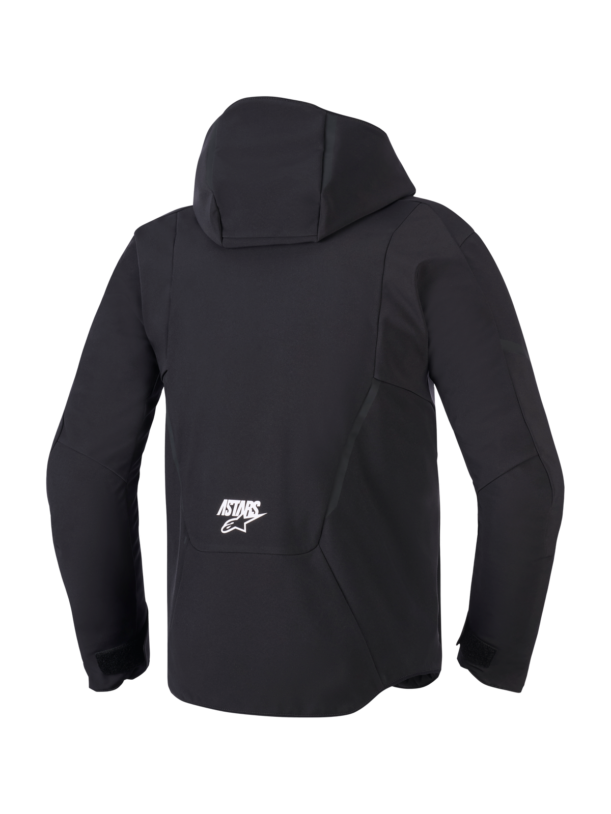 Alpinestars Aeroshell Waterproof Jacket, Men's Black Softshell Motorcycle Jacket, back view with hood and white ASTARS logo.