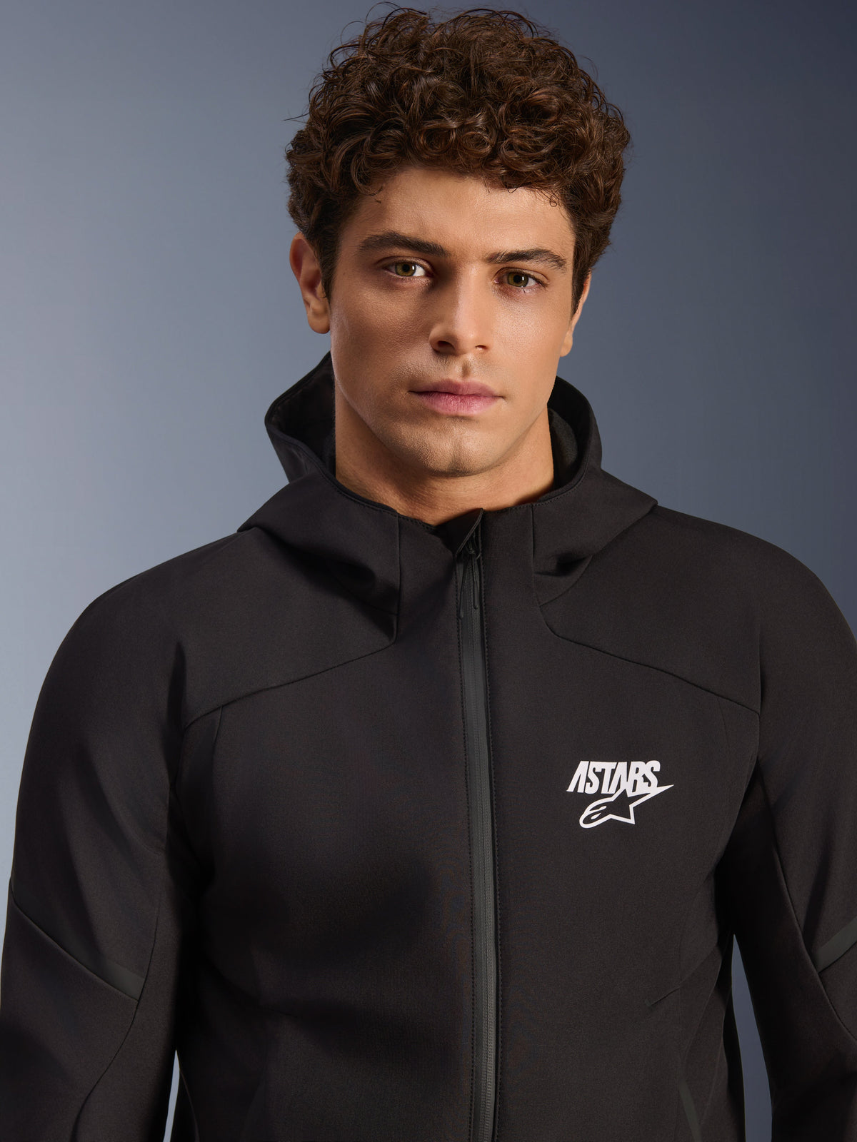 Alpinestars Aeroshell Waterproof Jacket, Men's Black Softshell Road Motorcycle Hoodie, white ASTARS logo.