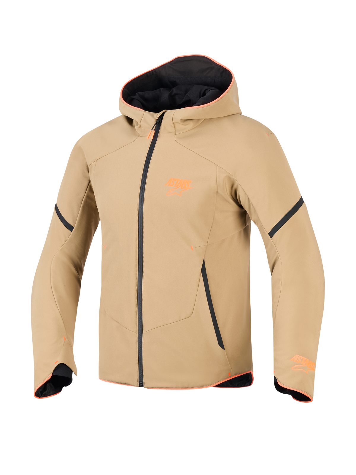 Alpinestars Aeroshell Wasserdichte Jacke, Dark Khaki mit schwarzen und neon-orangen Akzenten, sportlicher Softshell-Hoodie-Stil, technische Motorradbekleidung mit orangefarbenem Besatz und Brustlogo.