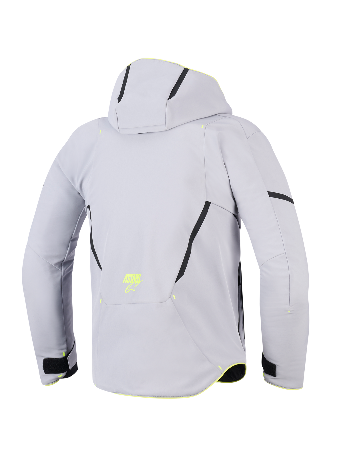 Alpinestars Aeroshell WP Jacke, Mid Gray Yellow Fluo, Rückansicht einer Motorradjacke mit Kapuze, hellgraues Softshell-Textil mit schwarzen diagonalen Akzenten, neongelbes ASTARS-Logo auf dem unteren Rücken, modernes sportorientiertes Design.