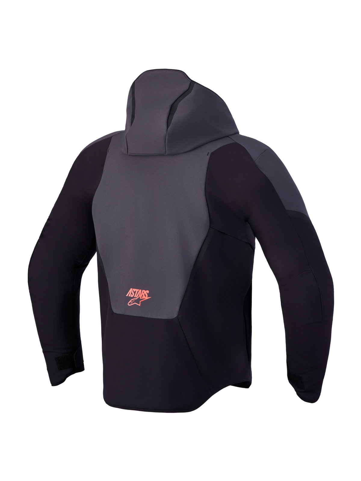 Alpinestars Aeroshell Wp Jacke, wasserdichte Motorradjacke in Schwarz und Dunkelgrau mit Kapuze und Logo-Detail in der Rückenansicht