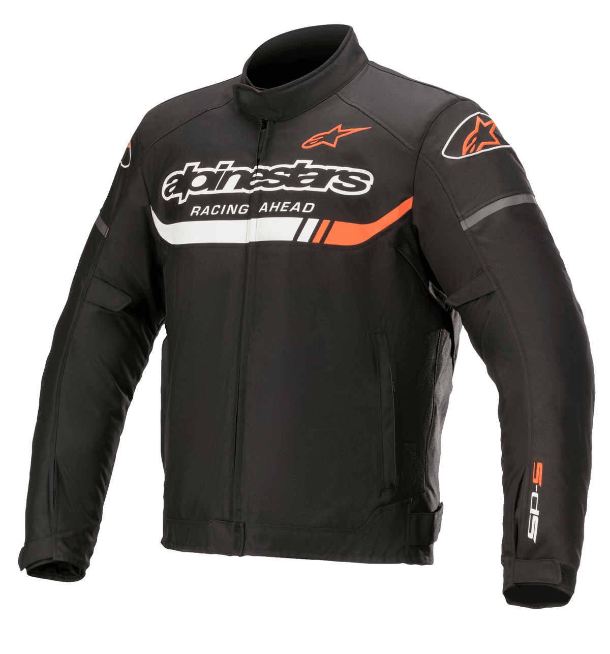 Alpinestars T-SP S Ignition Waterproof Jacket, Black textile motorcycle jacket with white and fluo red accents, featuring Alpinestars branding and 'Racing Ahead' text on the chest, SP-S logo on the sleeve, high collar and adjustable waist
