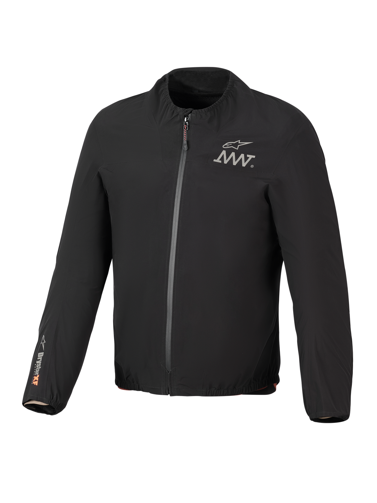 Alpinestars AMT-8 Stretch Drystar® XF Jackenfutter, Schwarz, leichte wasserdichte Stretchjacke, Frontreißverschluss, AMT-Logo auf der Brust, Drystar® XF-Branding auf dem rechten Ärmel, elastischer Kragen und Ärmelbündchen.