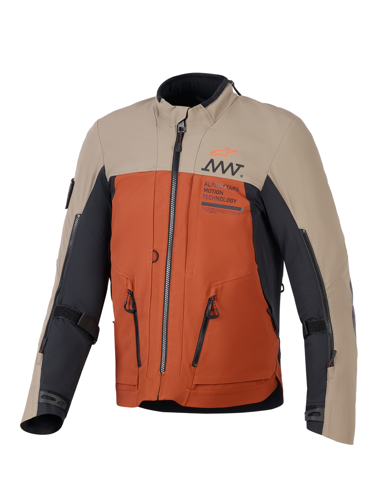 Alpinestars AMT-8 Stretch Drystar® XF Jacke, Adventure-Motorradjacke, Farbgebung Walnut Rust Black, mit beigen oberen Einsätzen, rostorangenem Torso und schwarzen Akzenten, markante Belüftungsreißverschlüsse und AMT-Branding auf der Brust