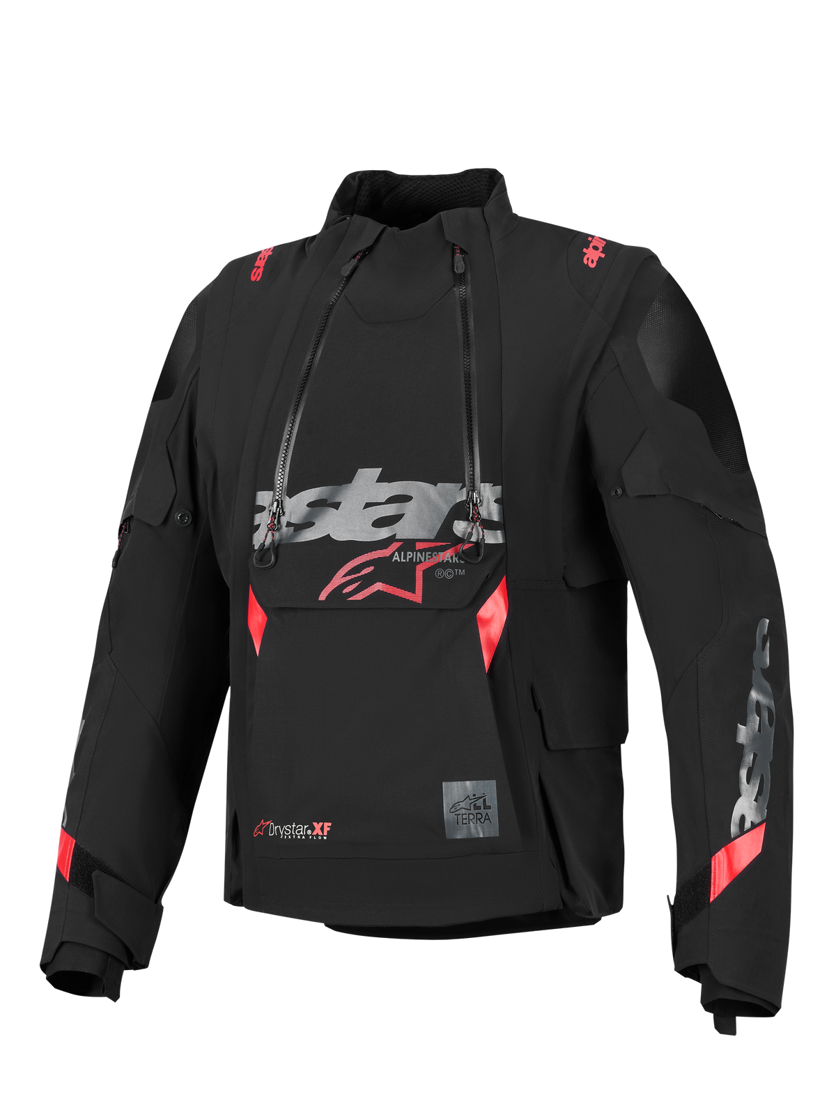 Alpinestars Halo Pro Drystar® XF Laminierte Jacke, Schwarz mit roten und grauen Akzenten, zwei asymmetrische wasserdichte Frontreißverschlüsse, großes Brustlogo, modulares technisches Textildesign für Adventure-Riding