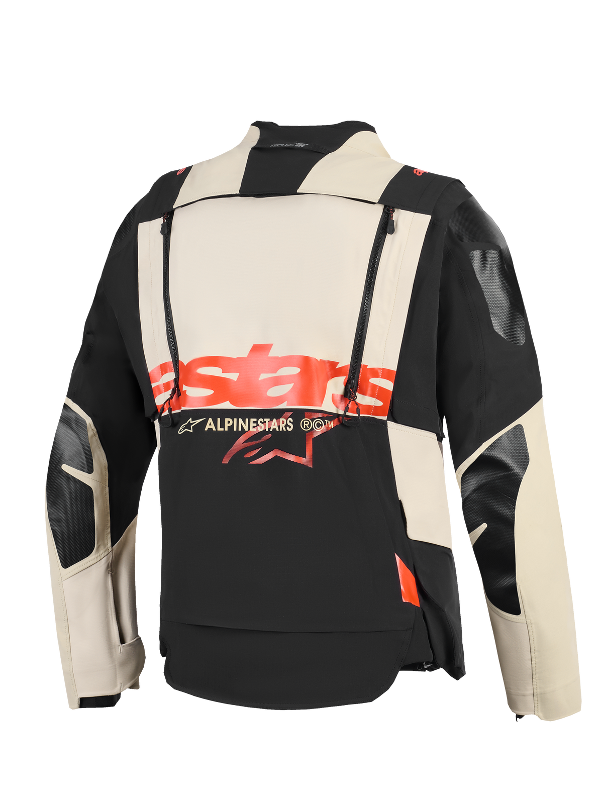 Alpinestars Halo Pro Drystar® XF Laminierte Jacke, Rückansicht, Textilkonstruktion in Mastic Black und Creme, markantes rotes „Stars“-Logo in der Mitte, zwei vertikale Reißverschlüsse für modulare Belüftung, technische Adventure-Motorradbekleidung