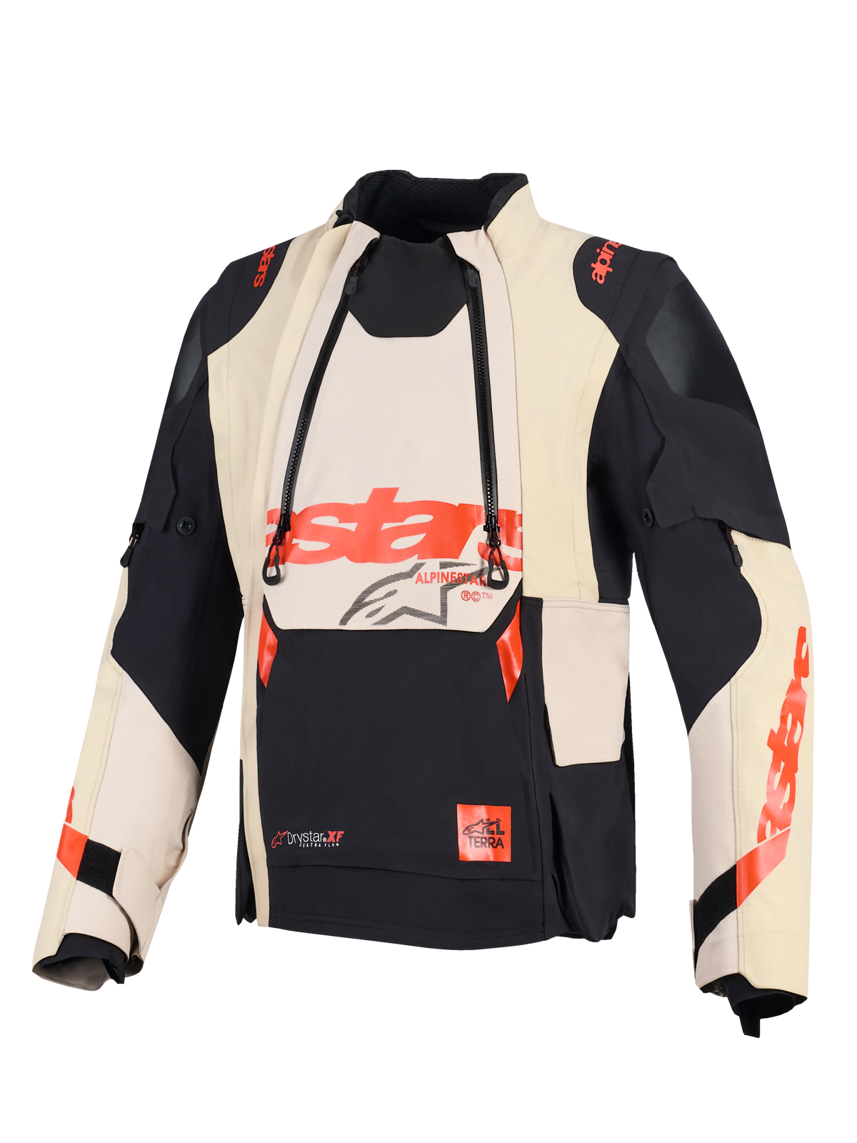 Alpinestars Halo Pro Drystar® XF Laminierte Jacke, Adventure-Motorradjacke, Mastic Black, mit modularen Belüftungspanelen vorne und rotem Alpinestars-Branding, technisches Textildesign für vielseitige Geländefahrten