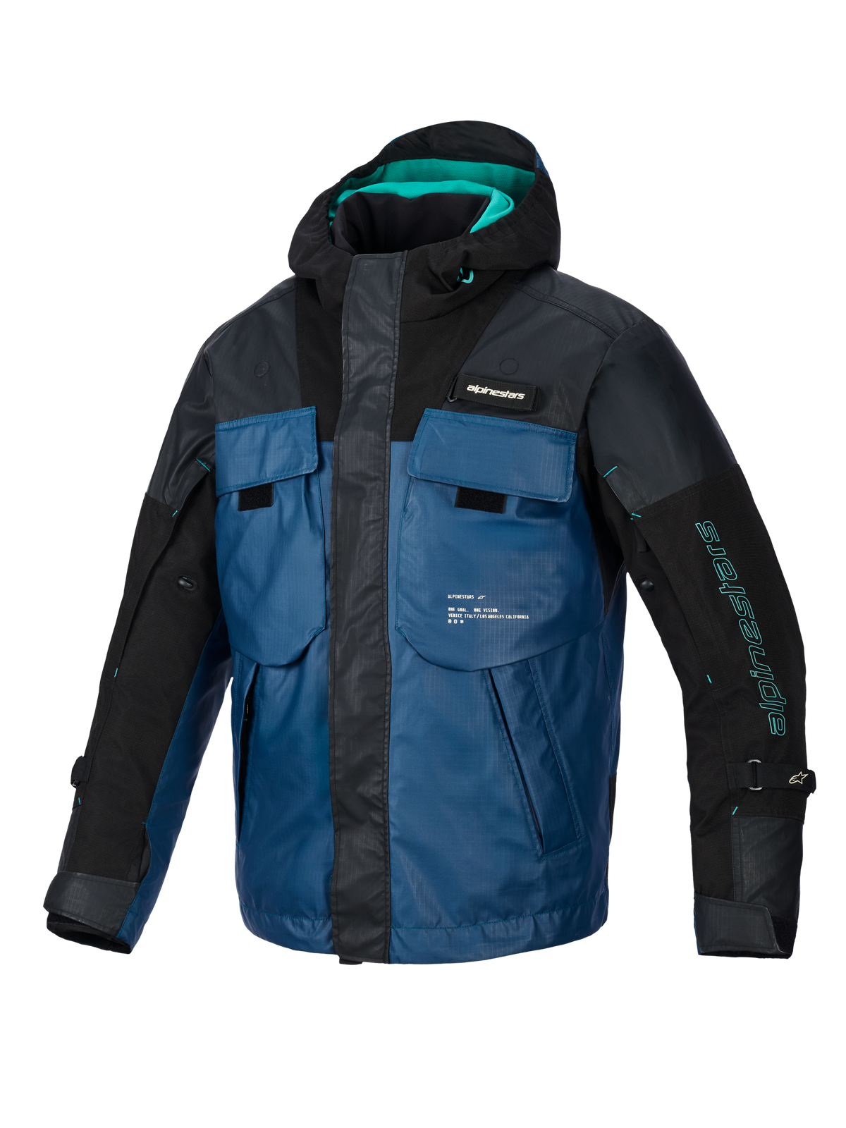 Alpinestars Mospher Waterproof Jacke, Ganzjahres-Motorradparka, Schwarz und Dark Petrol mit blaugrünen Akzenten, von einer taktischen Weste inspiriertes Design mit mehreren großen Taschen, strapazierfähiges Ripstop-Gewebe und integrierte Kapuze für urbanes Pendeln