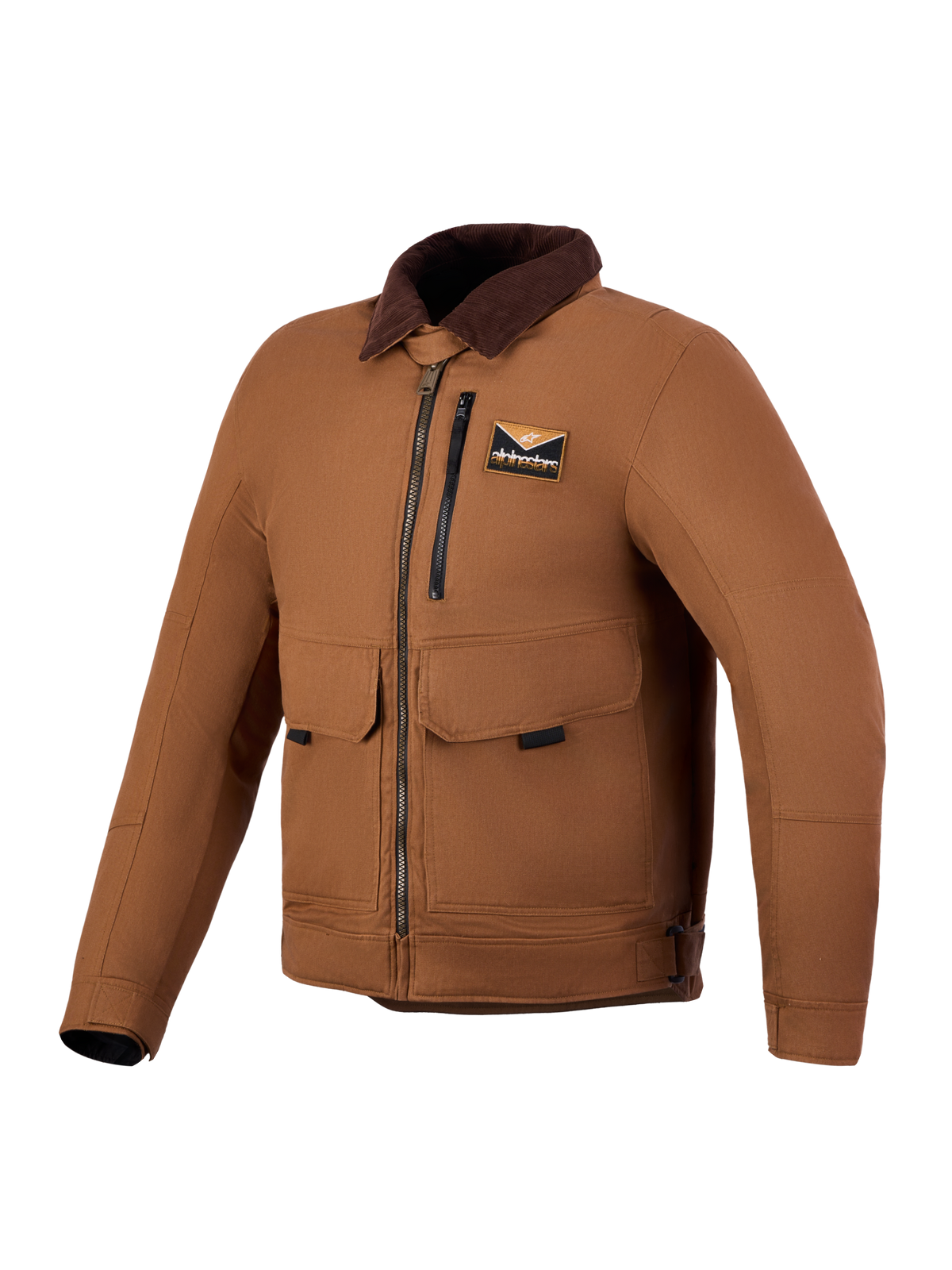 Alpinestars Mustang WP Jacke, urbane Motorradjacke, Dunkelbraun und Rostbraun, CE-zertifiziert, wasserdicht, im Workwear-Stil mit Cordkragen.