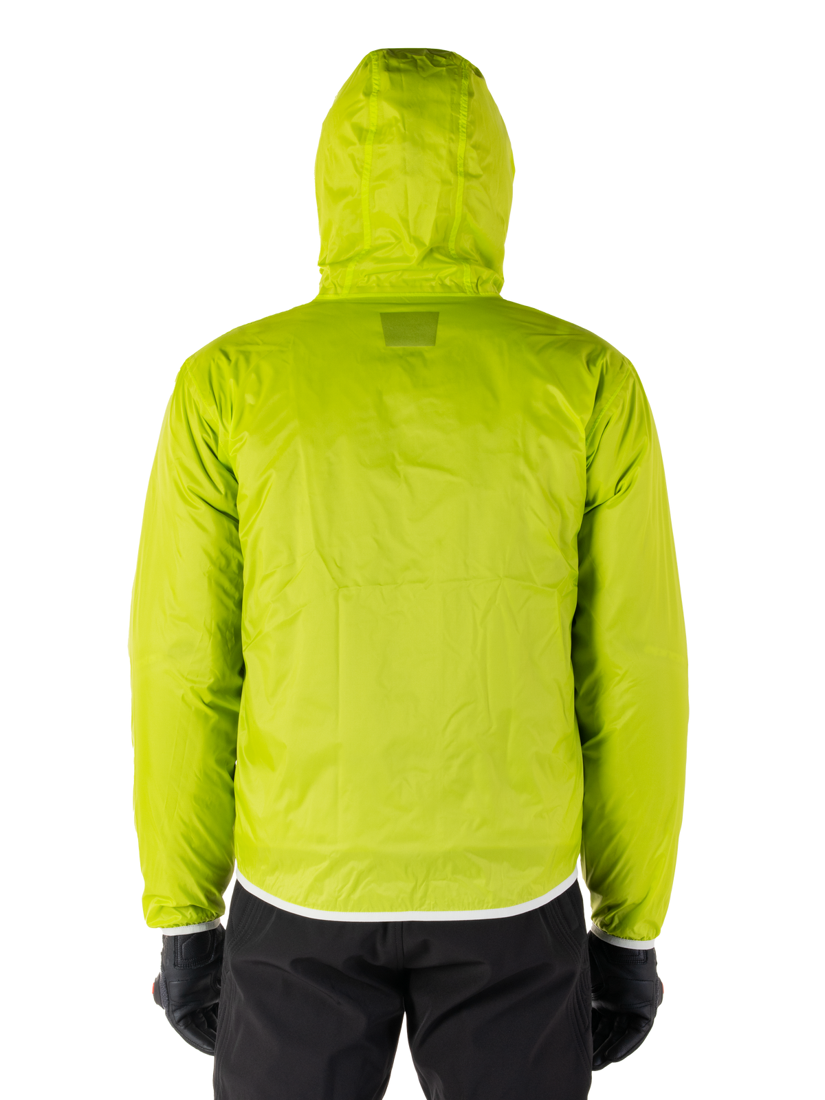 Alpinestars Mohobbs Waterproof Jacket, Lime Punch packable raincover, bright lime green hooded jacket, back view, worn with black pants and gloves, waterproof moto streetwear