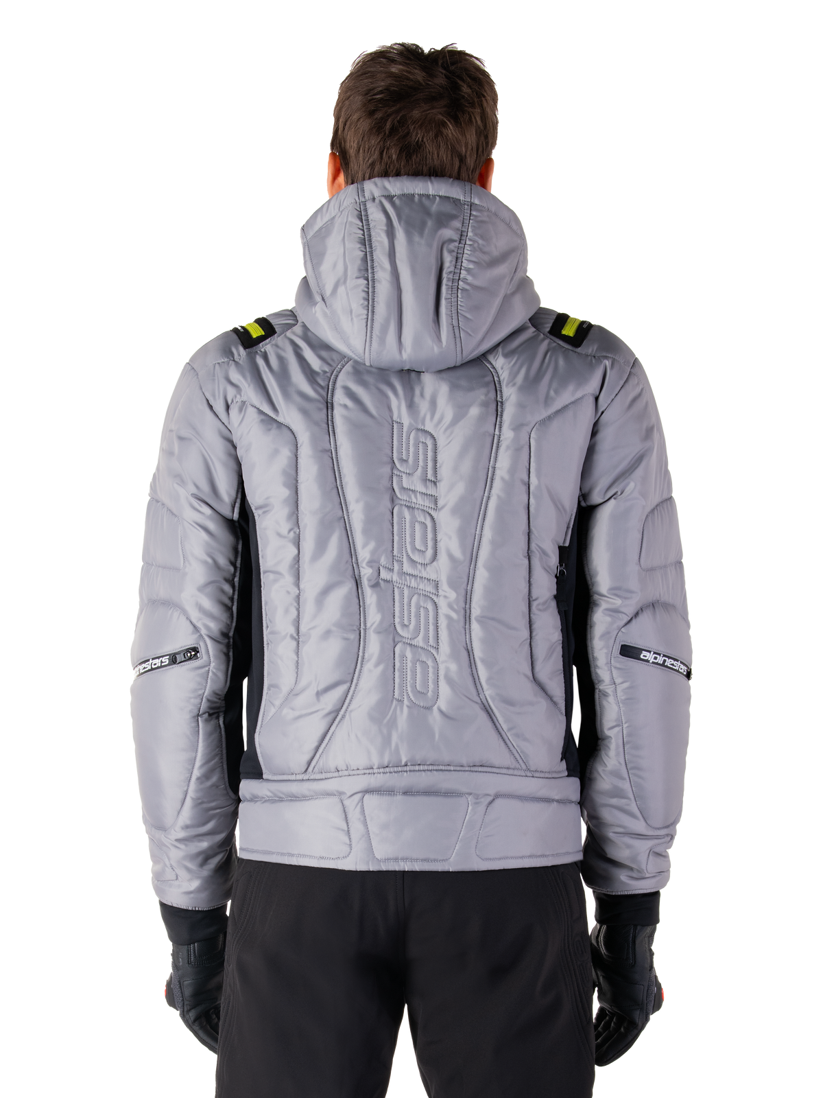 Alpinestars Mohobbs Waterproof Jacket, back view, Lunar Gray with Lime Punch accents, quilted padded construction with vertical astars wordmark, hooded bomber style for urban motorcycle riding
