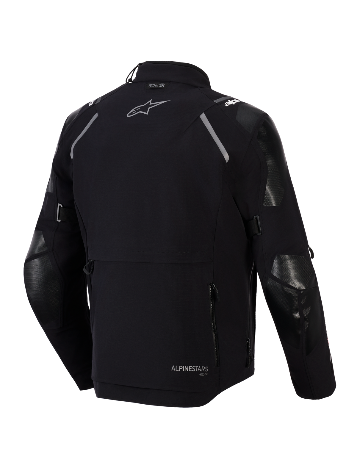 Alpinestars Andes Pro Drystar® XF Jacke, Rückansicht, Schwarz und Dunkelgrau, Adventure-Touring-Textiljacke mit großer Rückentasche, reflektierenden Schulterakzenten, Alpinestars-Logo und Tech-Air®-Kompatibilitäts-Branding.