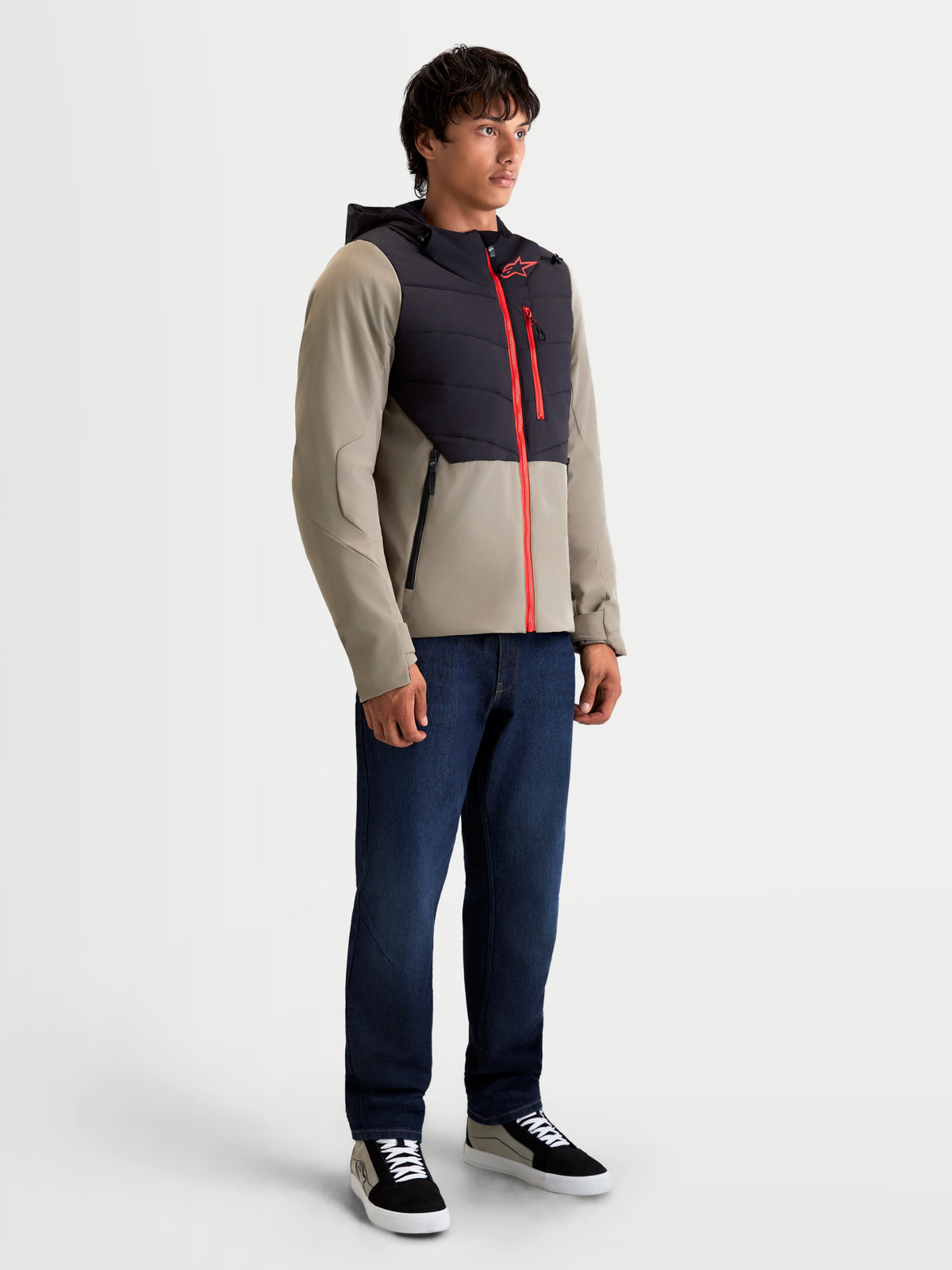 Alpinestars Therma-Tech Waterproof Jacket, men's urban contemporary motorcycle jacket in black and vetiver, side profile view worn by a model showcasing sonic-welded down construction and waterproof textile performance