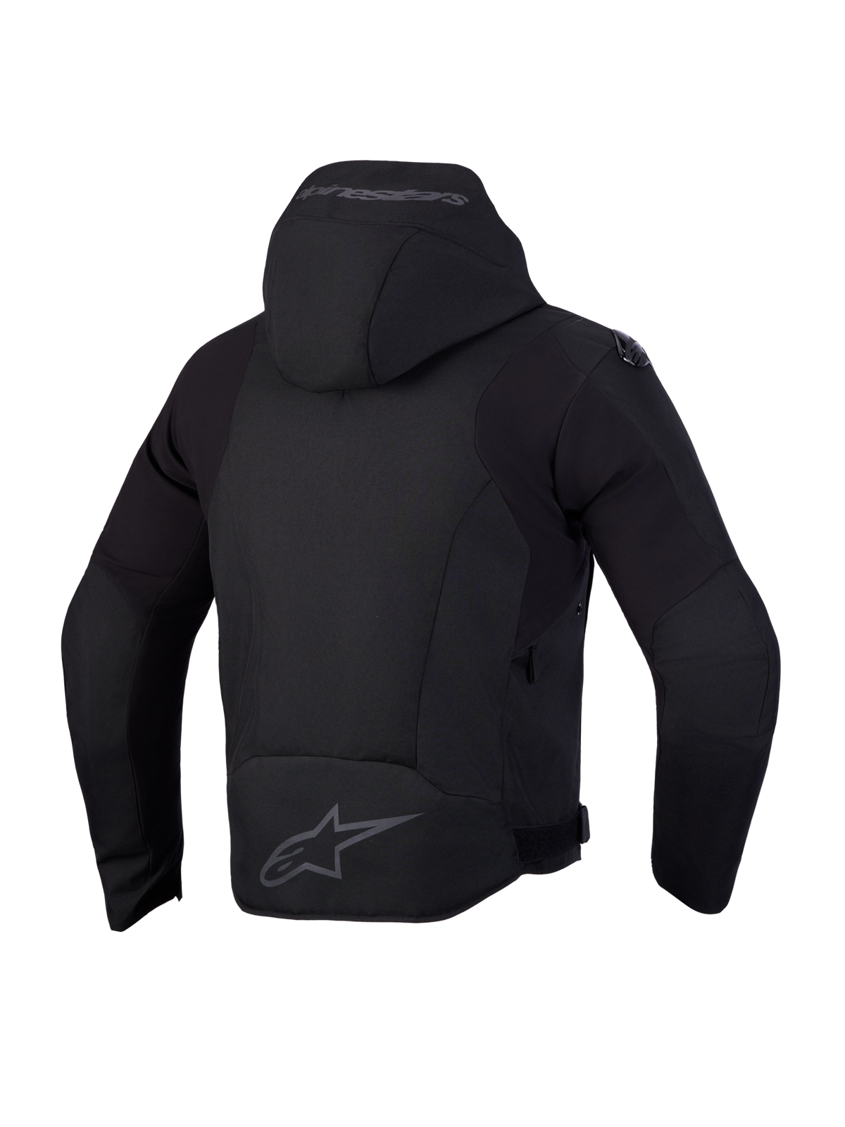 Alpinestars Zaca V2 Waterproof Jacket, Men's Black motorcycle textile jacket, back view showing integrated hood and rear logo detail