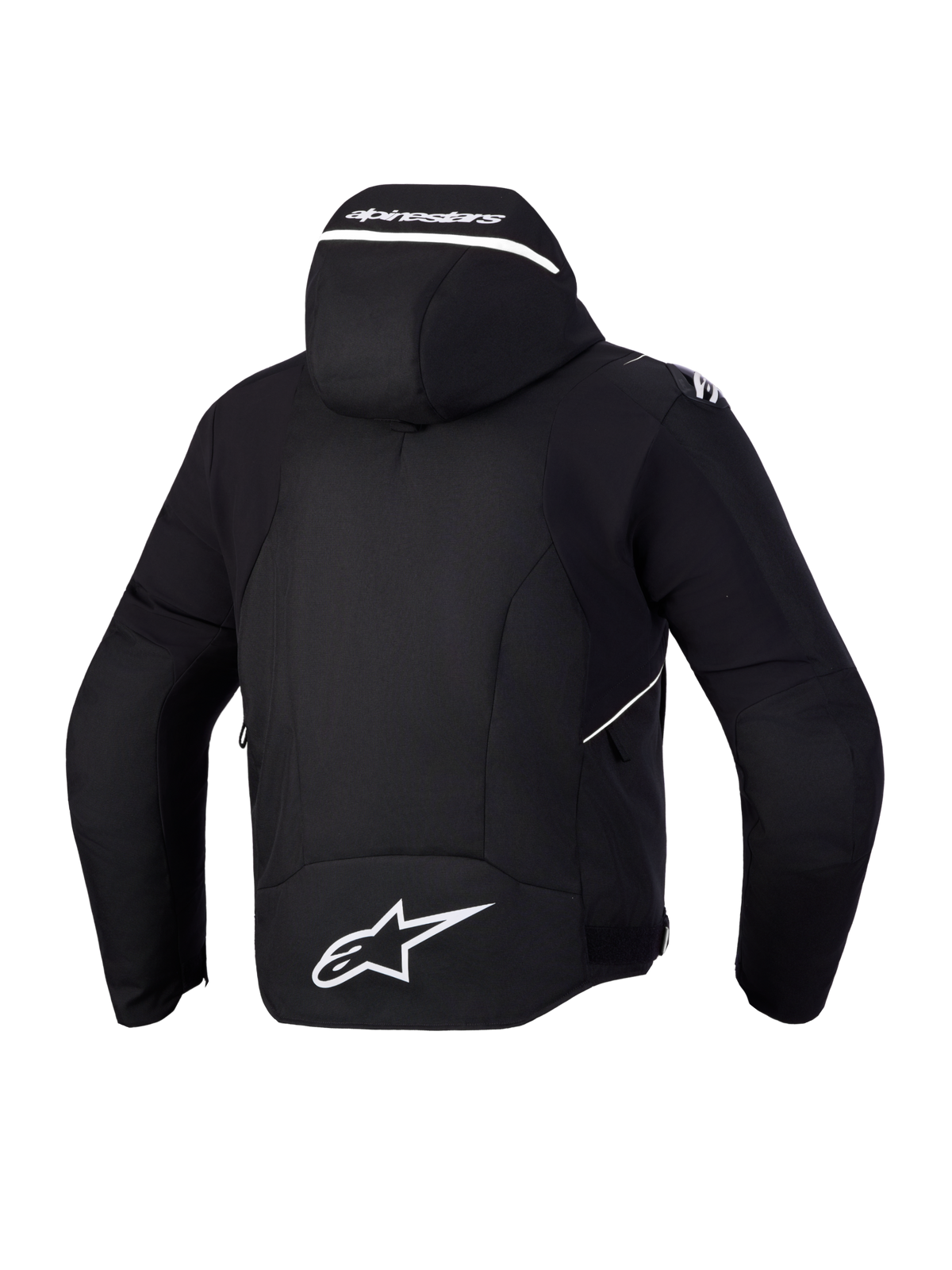 Alpinestars Zaca V2 Waterproof Jacke, Motorradjacke für Herren, Schwarz mit weißen Details, Rückansicht mit integrierter Kapuze und Alpinestars-Branding
