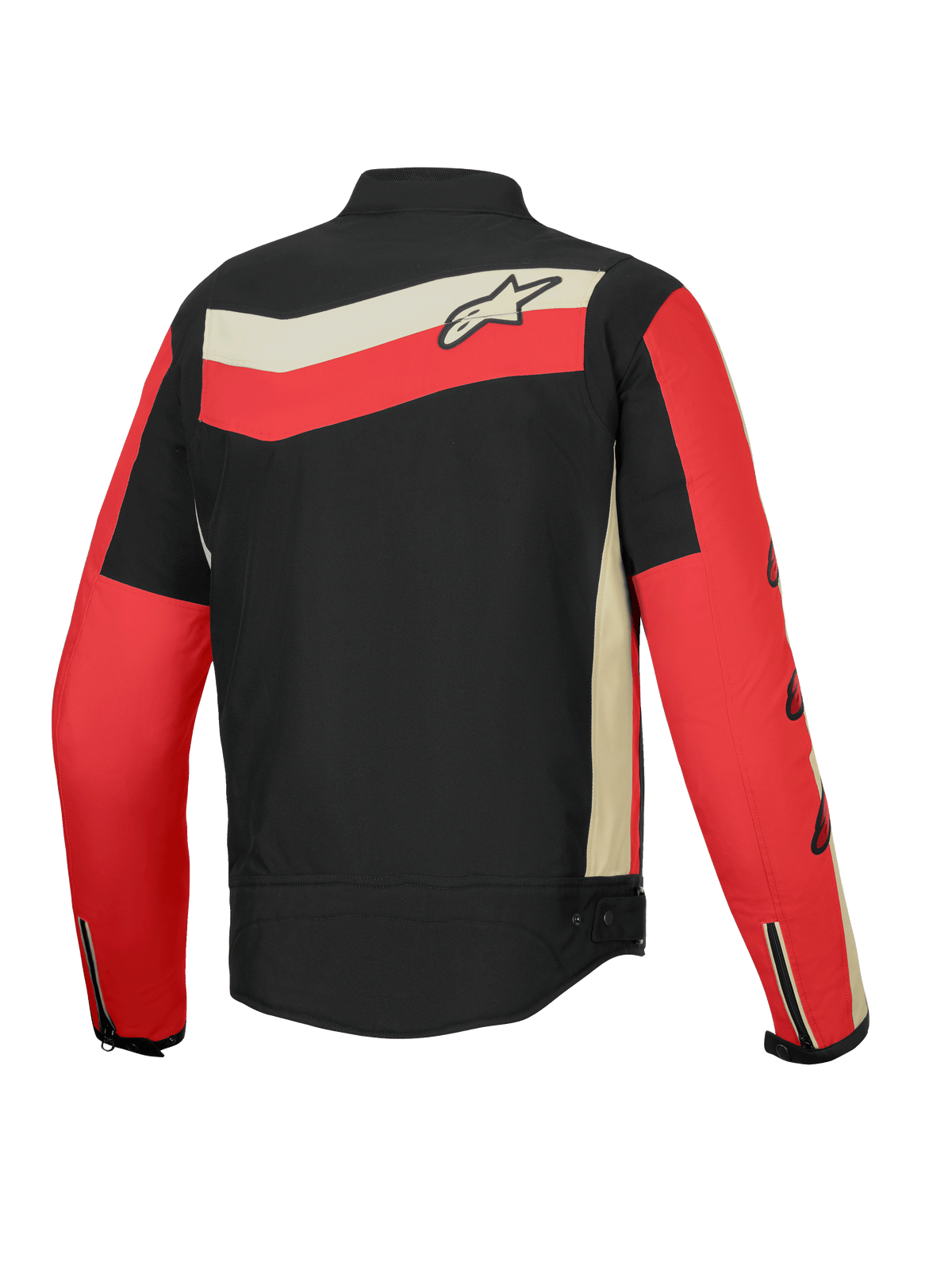 Alpinestars T-Dyno Wasserabweisende Jacke, Herren-Motorradjacke, Rückansicht in Schwarz, Hellrot und Ecru mit Heritage-Grafiken und CE-zertifiziertem Schutz