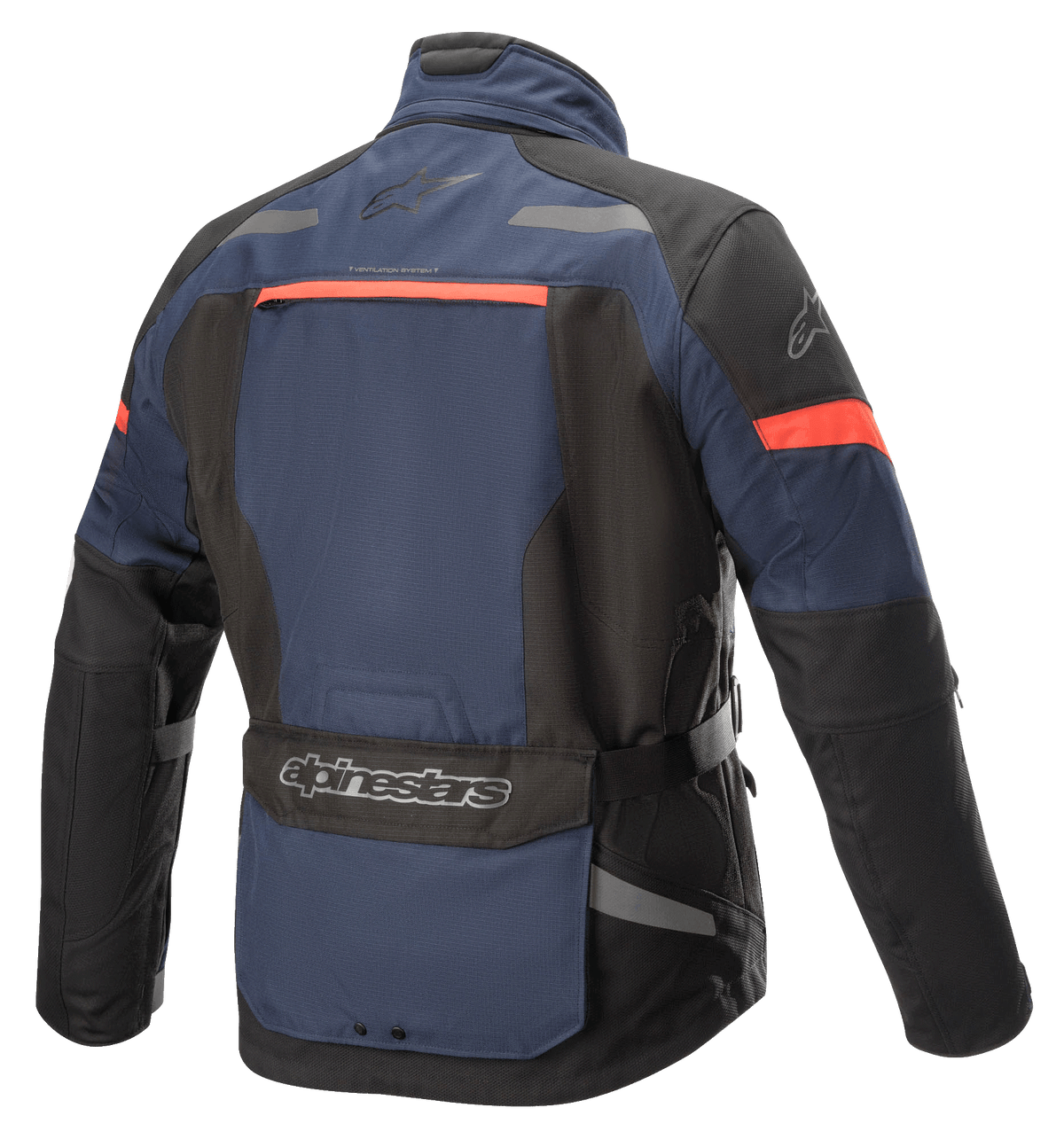Alpinestars Valparaiso V3 Drystar® Jacket, Adventure Touring Motorcycle Jacket, Dark Blue and Black with red-orange accents, back view featuring a large utility pocket, reflective detailing, and ventilation openings.