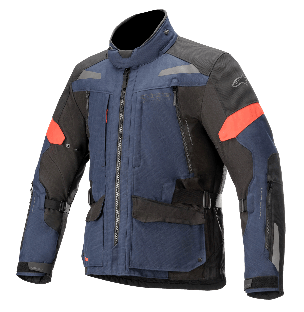 Alpinestars Valparaiso V3 Drystar Jacket, Motorcycle Touring Jacket, Dark Blue and Black with red accents, featuring reflective strips, multiple zippered cargo pockets, adjustable waist and sleeve straps, durable textile construction for adventure touring