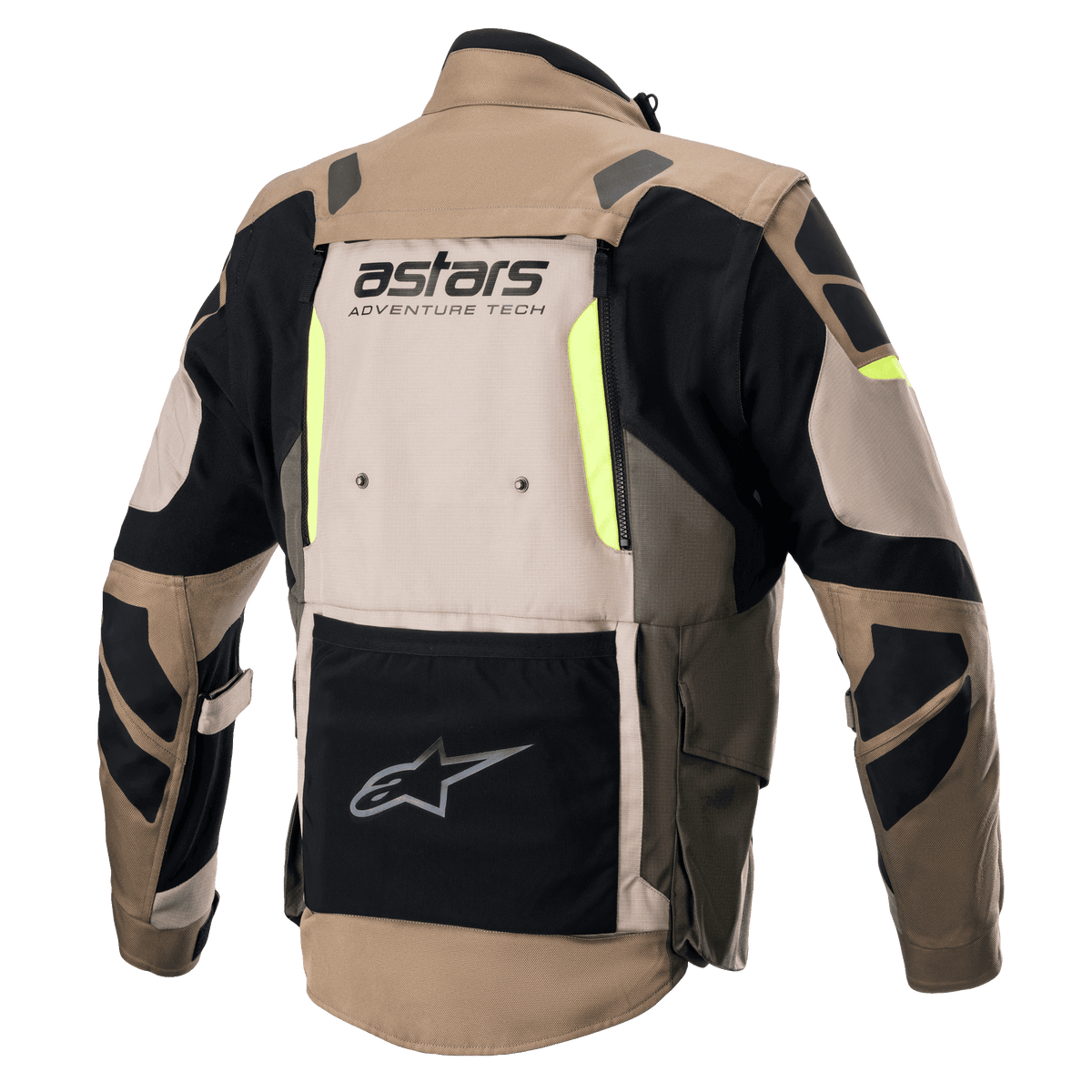 Alpinestars Halo Drystar® Jacke, Rückansicht, Dark Khaki und Sand mit neongelben Akzenten, Adventure-Tourenmotorradjacke mit einem großen Belüftungspanel am Rücken, 'astars ADVENTURE TECH'-Branding und einer schwarzen unteren Funktionstasche.