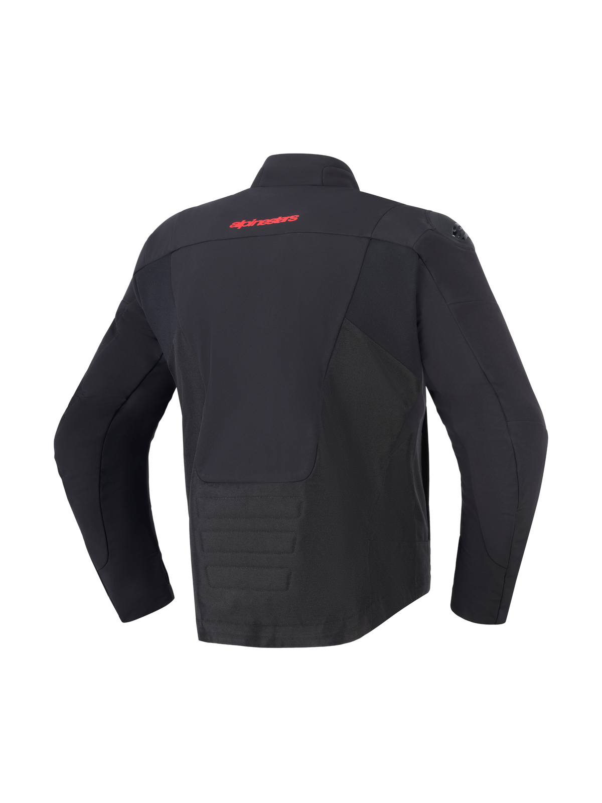 Alpinestars SMX Waterproof Jacket, Black, back view featuring red Alpinestars logo on upper back, elongated rear hem for coverage, textile and softshell paneling, protective motorcycle gear for road and sport riding.
