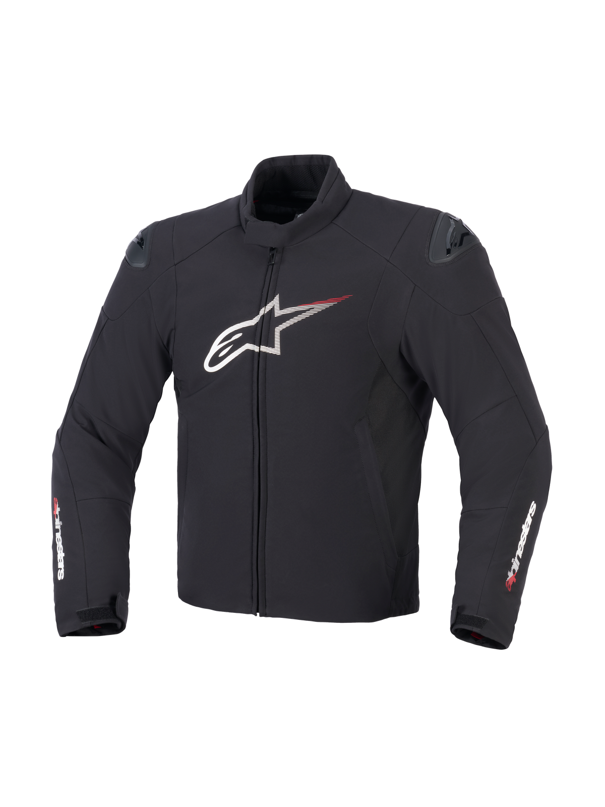 Alpinestars SMX Waterproof Jacket in Black White and Bright Red, front view showing textile construction, large white Astar chest logo with red speed lines, external DFS lite shoulder sliders, and Alpinestars branding on the sleeves.