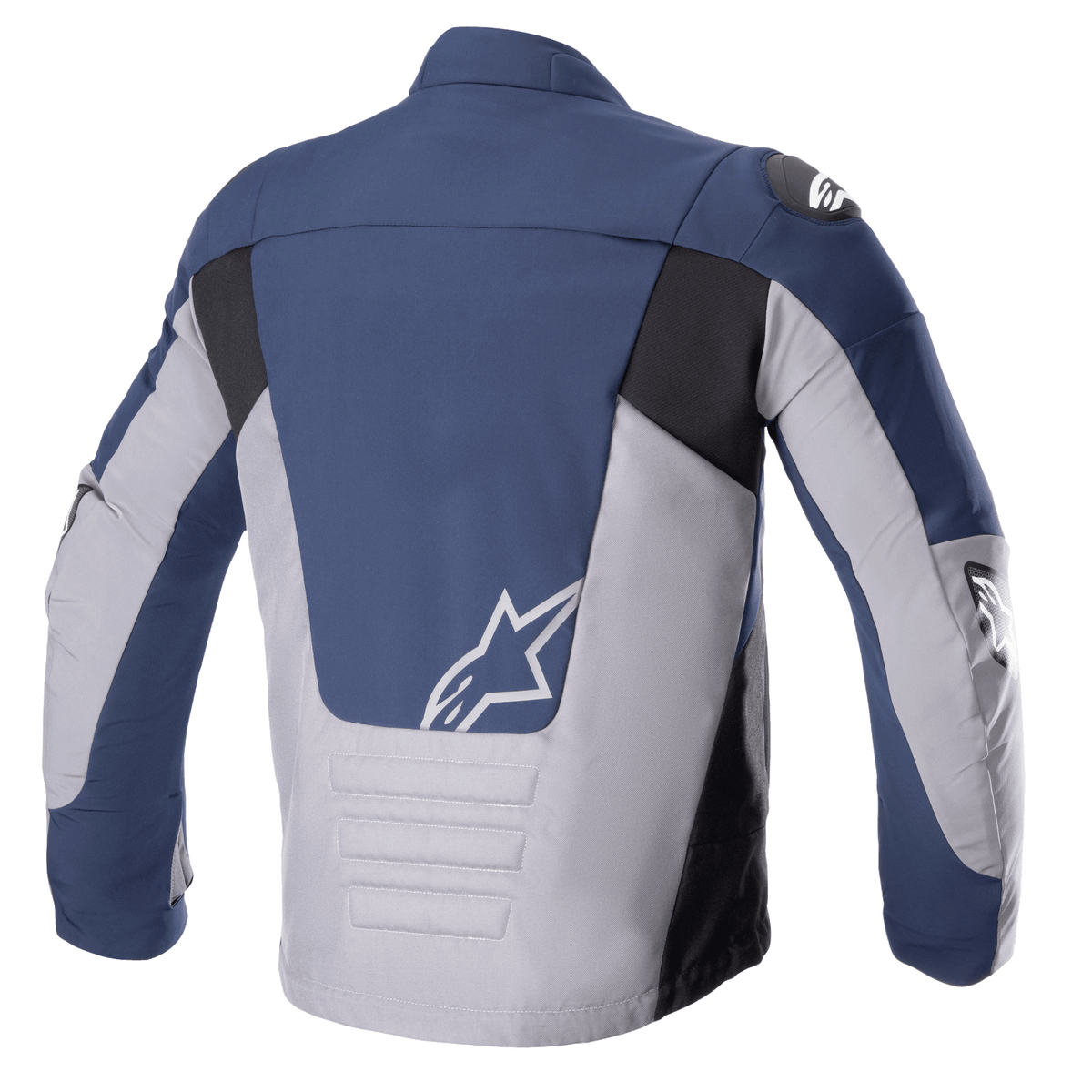 Alpinestars SMX Waterproof Jacket, Rear View, Night Navy and Dark Gray, featuring color-blocked panels in navy blue and light gray with black accents, white star logo on the lower back, and padded horizontal stitch detailing.