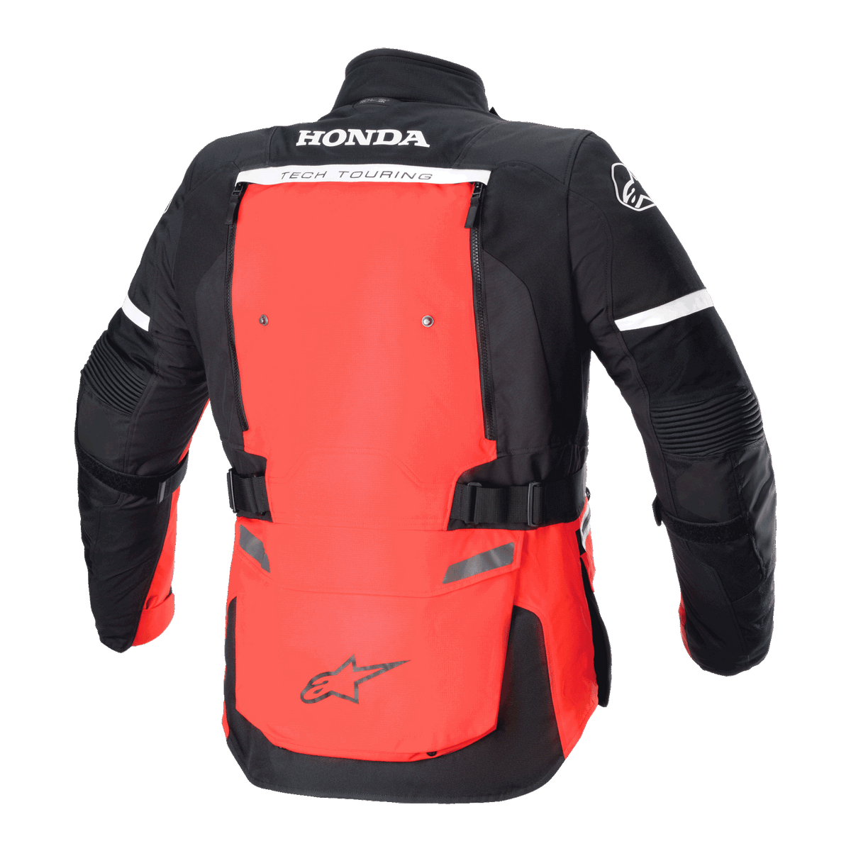 Alpinestars Honda Bogotá Pro Drystar® Jacke, Rückansicht, Hellrot und Schwarz, Adventure-Tourenmotorradjacke mit HONDA- und TECH TOURING-Branding, großes rotes Rückenteil mit verstellbaren Riemen und reflektierenden Details.