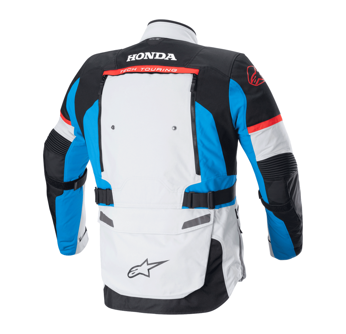 Alpinestars Honda Bogotá Pro Drystar® Jacket, Rear View, Ice Gray Blue and Bright Red, technical adventure-touring jacket featuring Honda and Tech Touring branding on the back, ventilation panels, and adjustable waist straps.