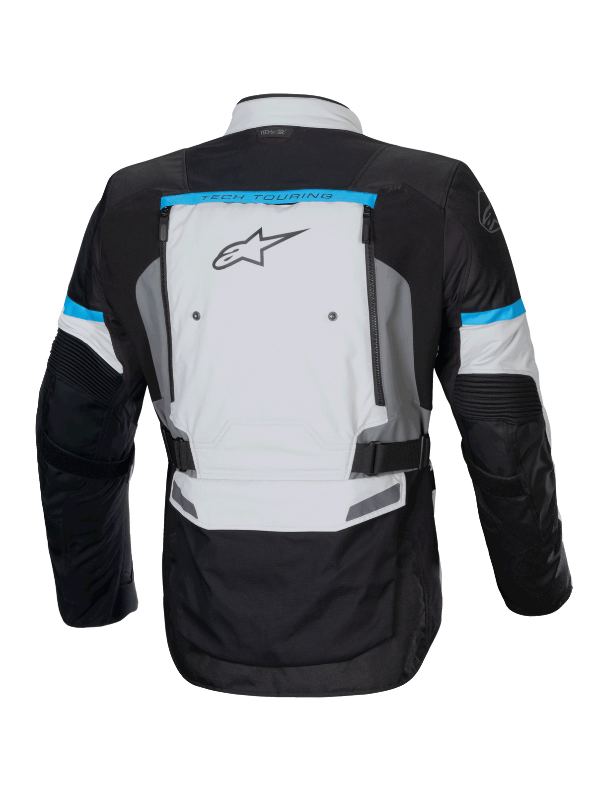 Alpinestars Bogotá Pro Drystar Jacke, Adventure Motorradjacke für Herren, Rückansicht in Eisgrau und Schwarz mit Cyan-Akzenten, Tech-Air® Ready, wasserdicht, mit Belüftungspanelen am Rücken.