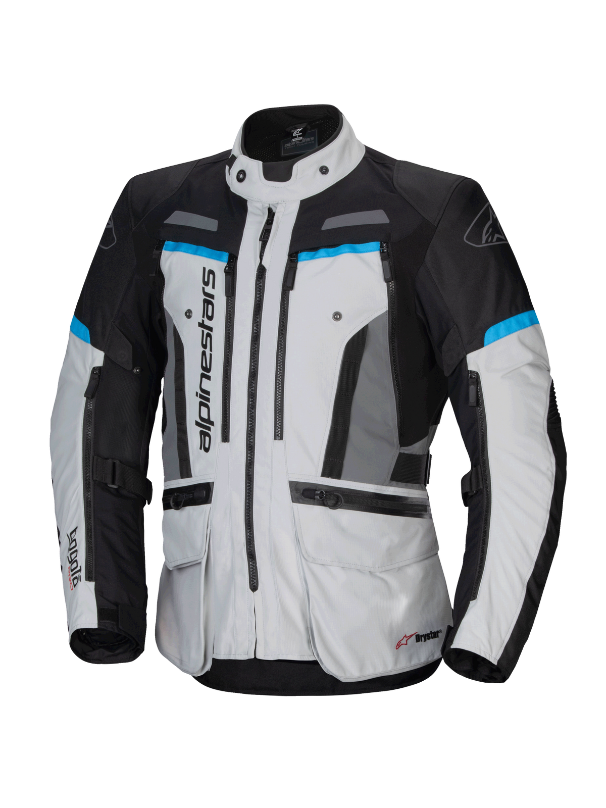 Alpinestars Bogota' Pro Drystar® Jacke, wasserdichte Adventure-Touring-Herrenjacke, Eisgrau und Schwarz mit Cyan-Akzenten