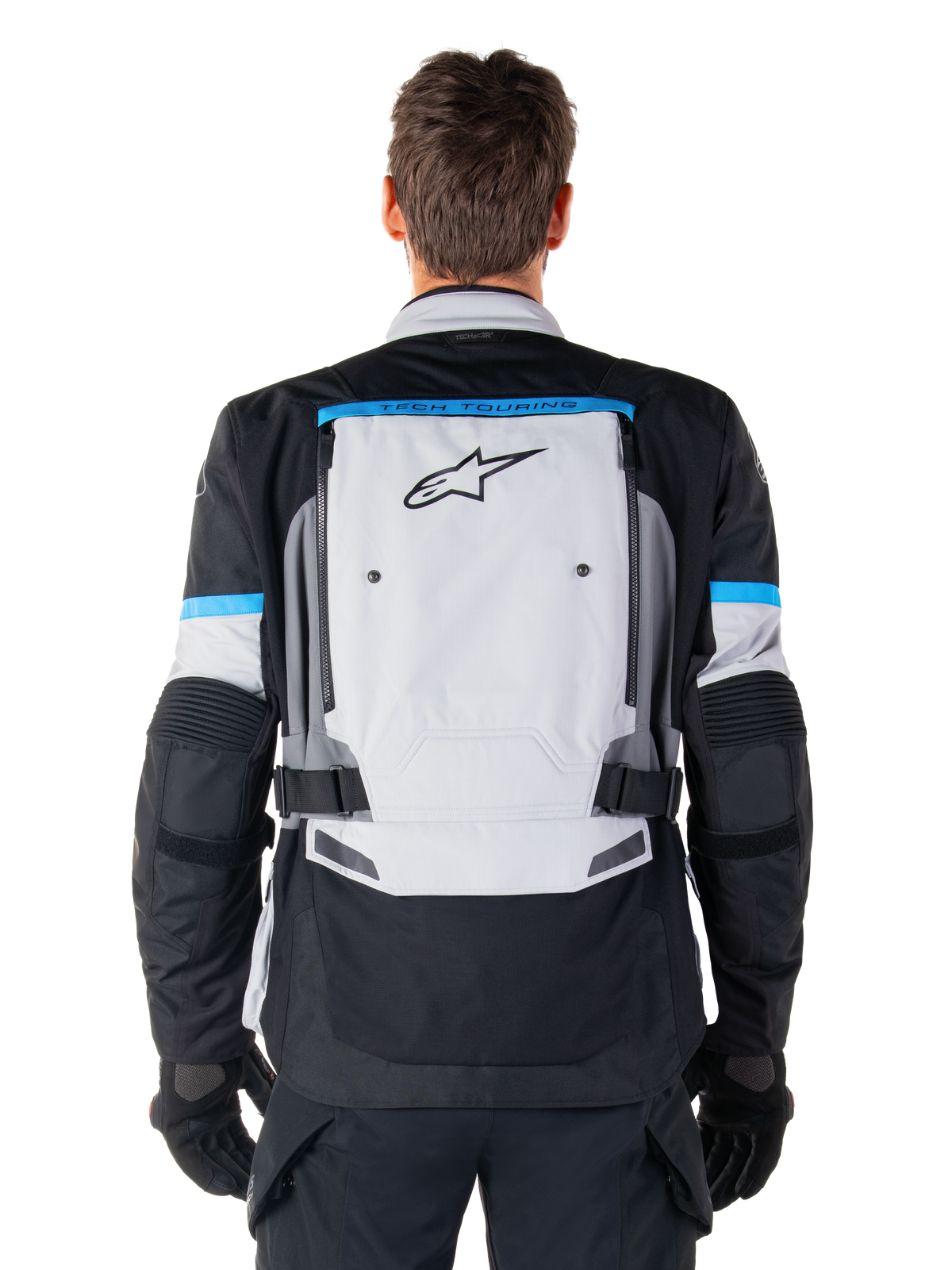Alpinestars Bogota' Pro Drystar® Jacke, Adventure-Touring-Motorradjacke in Eisgrau und Schwarz, Rückansicht.