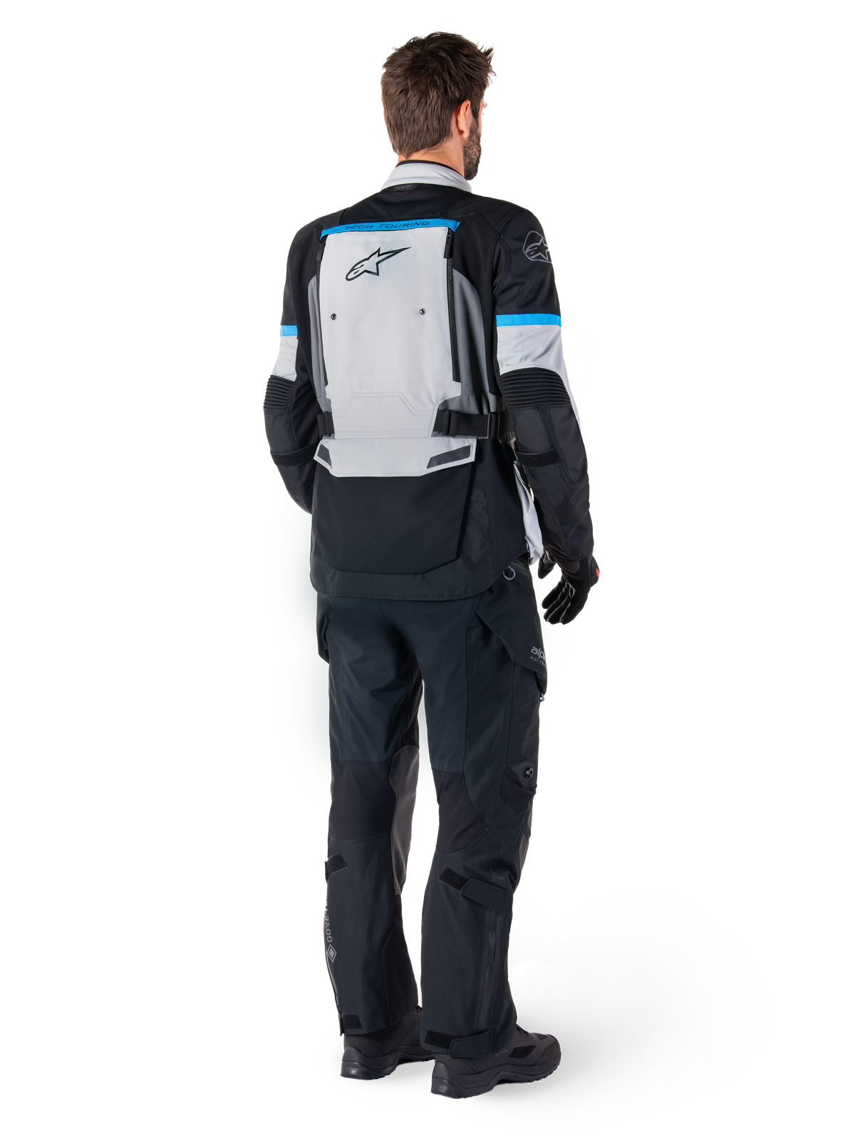 Alpinestars Bogota' Pro Drystar® Jacke, Adventure-Touring-Motorradjacke für Herren, Eisgrau, Schwarz und Cyan, Rückansicht.