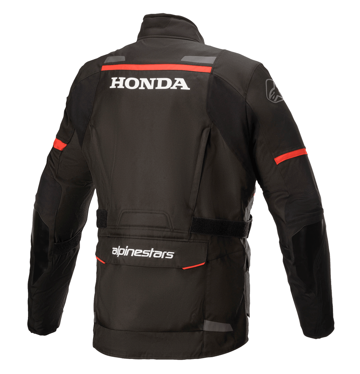 Alpinestars Honda Andes V3 Drystar® Jacke, Schwarz, Rückansicht mit weißem Honda und Alpinestars Branding, roten Akzentstreifen an den Schultern und Ärmeln, Adventure-Touren-Motorradjacke mit reflektierenden Details und einer großen Rückentasche.