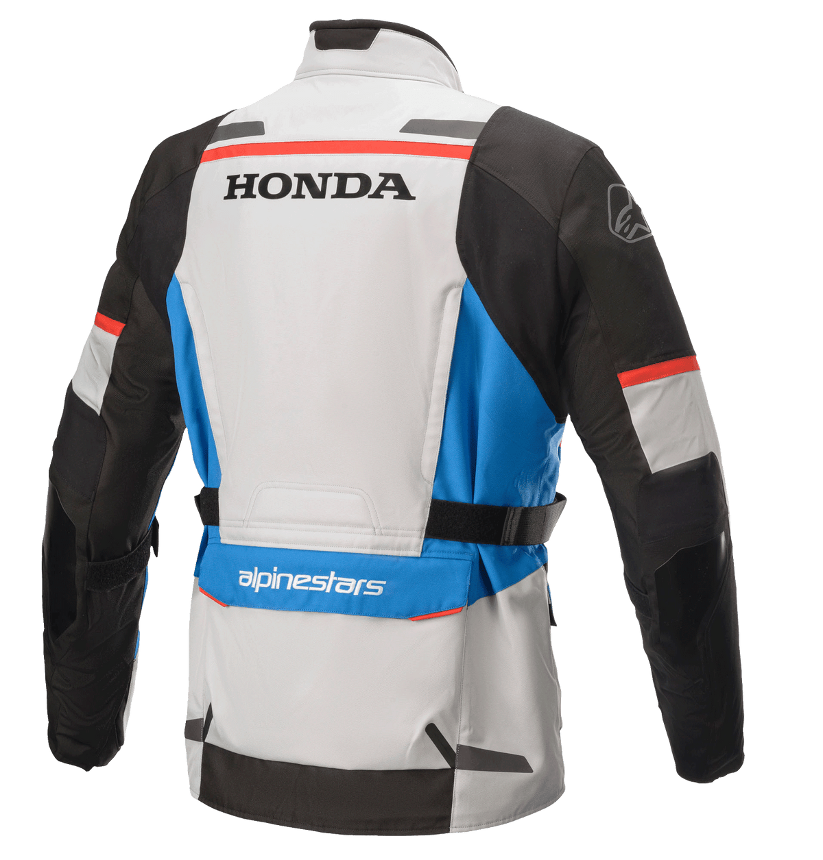 Alpinestars Honda Andes V3 Drystar® Jacke, Textil-Adventure-Touring-Jacke, Eisgrau, Blau und Hellrot, Rückansicht mit Honda- und Alpinestars-Logos, mit schwarzen Ärmeln, blauen Akzenten und verstellbaren Taillengurten